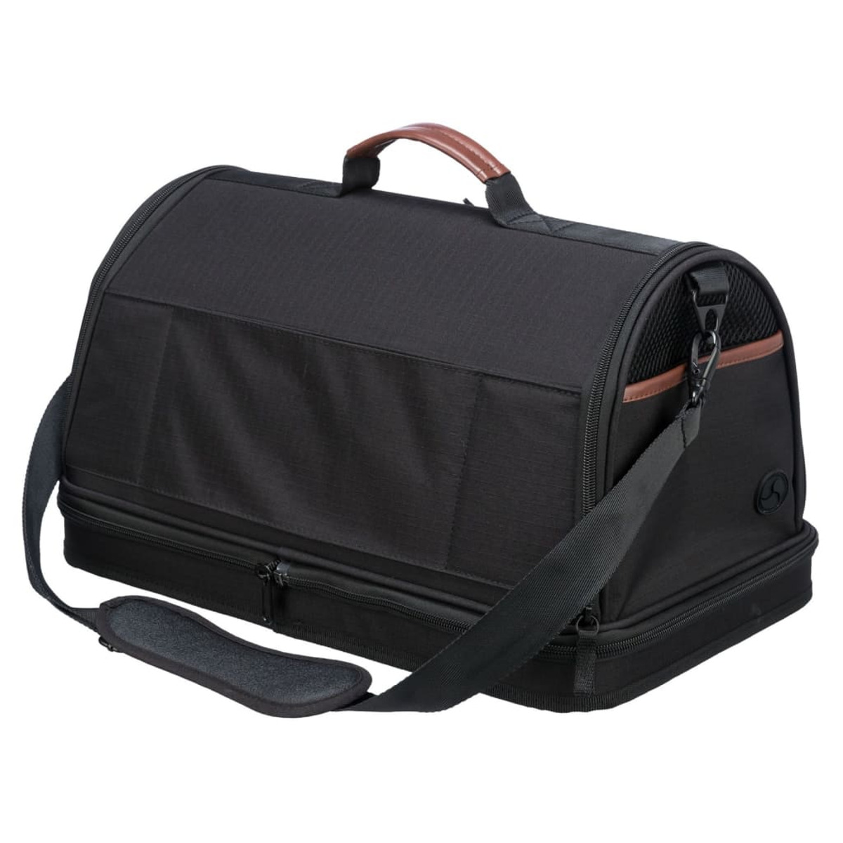 Eine schwarze Reisetasche mit braunem Griff und Schultergurt, auf einer weißen Oberfläche platziert.