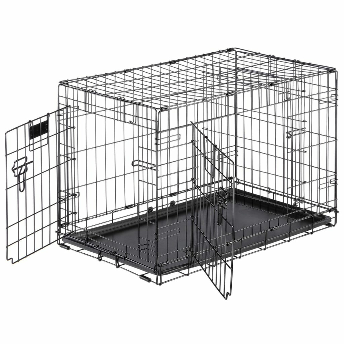 Schwarze Metall-Draht-Hundebox mit offener Tür. Schwarze Kunststoffschale innen.