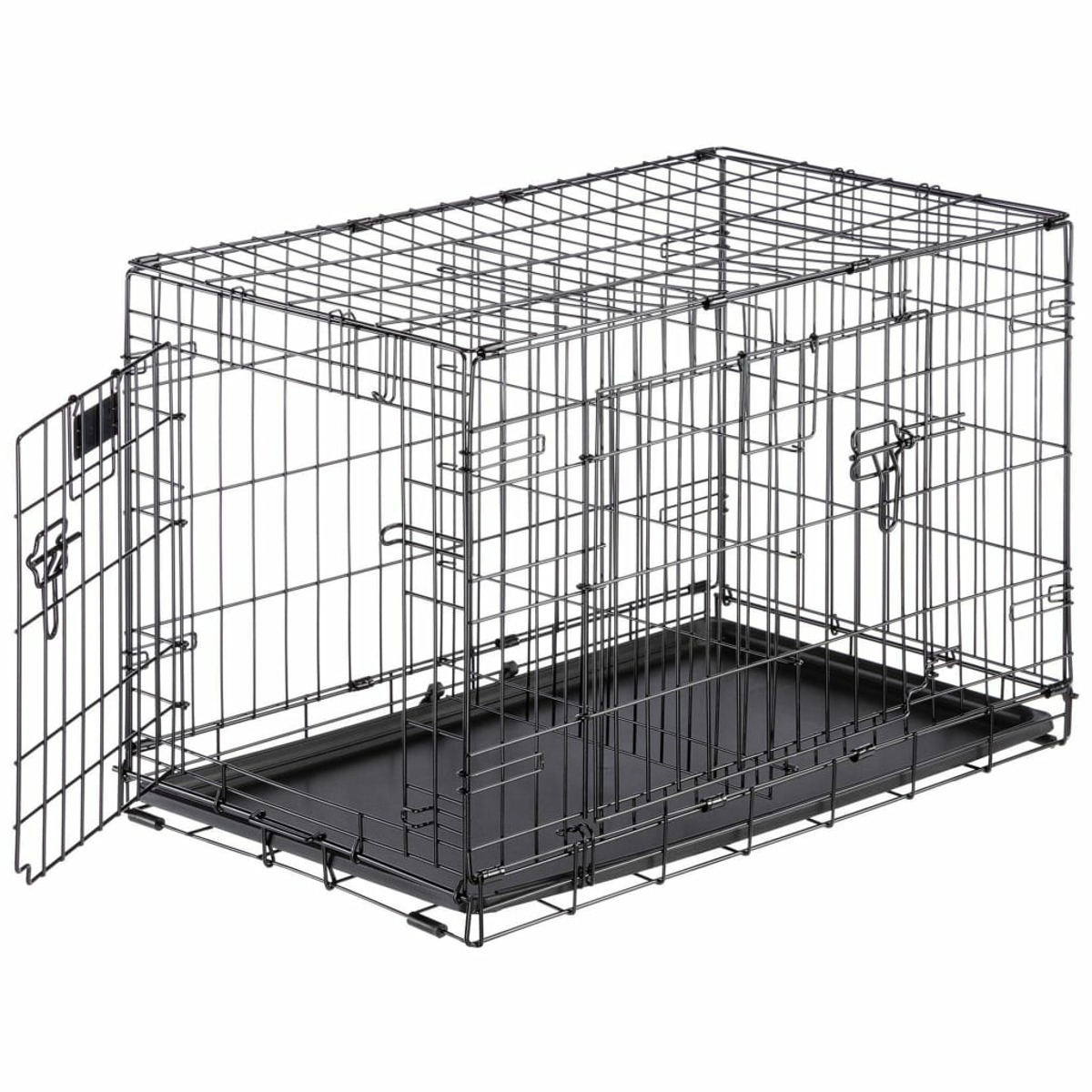Eine schwarze Metall-Hundebox mit offener Tür, die auf einem schwarzen Tablett steht.