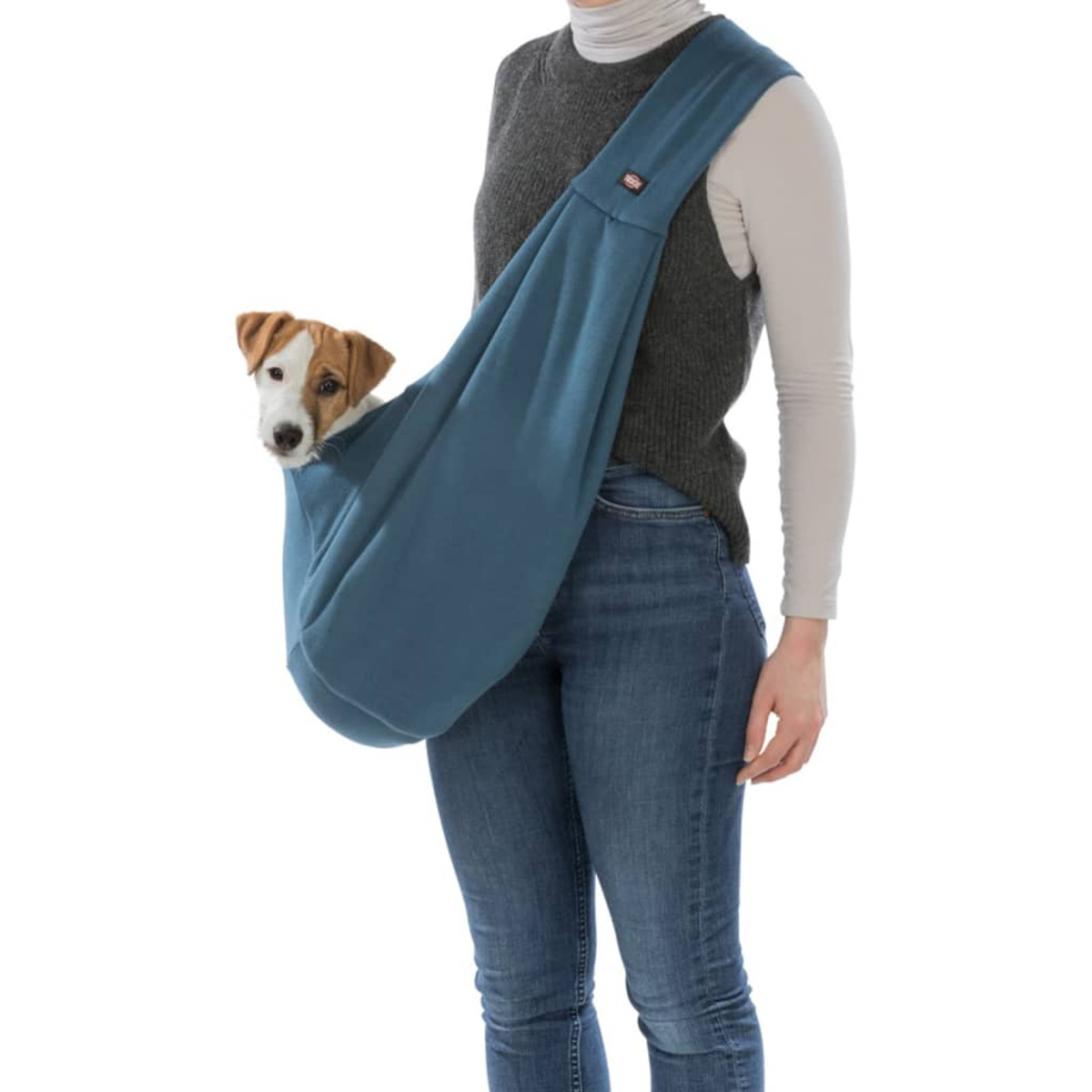 Eine Person trägt einen kleinen Hund in einer blauen Umhängetasche. Der Hund schaut aus der Tasche.