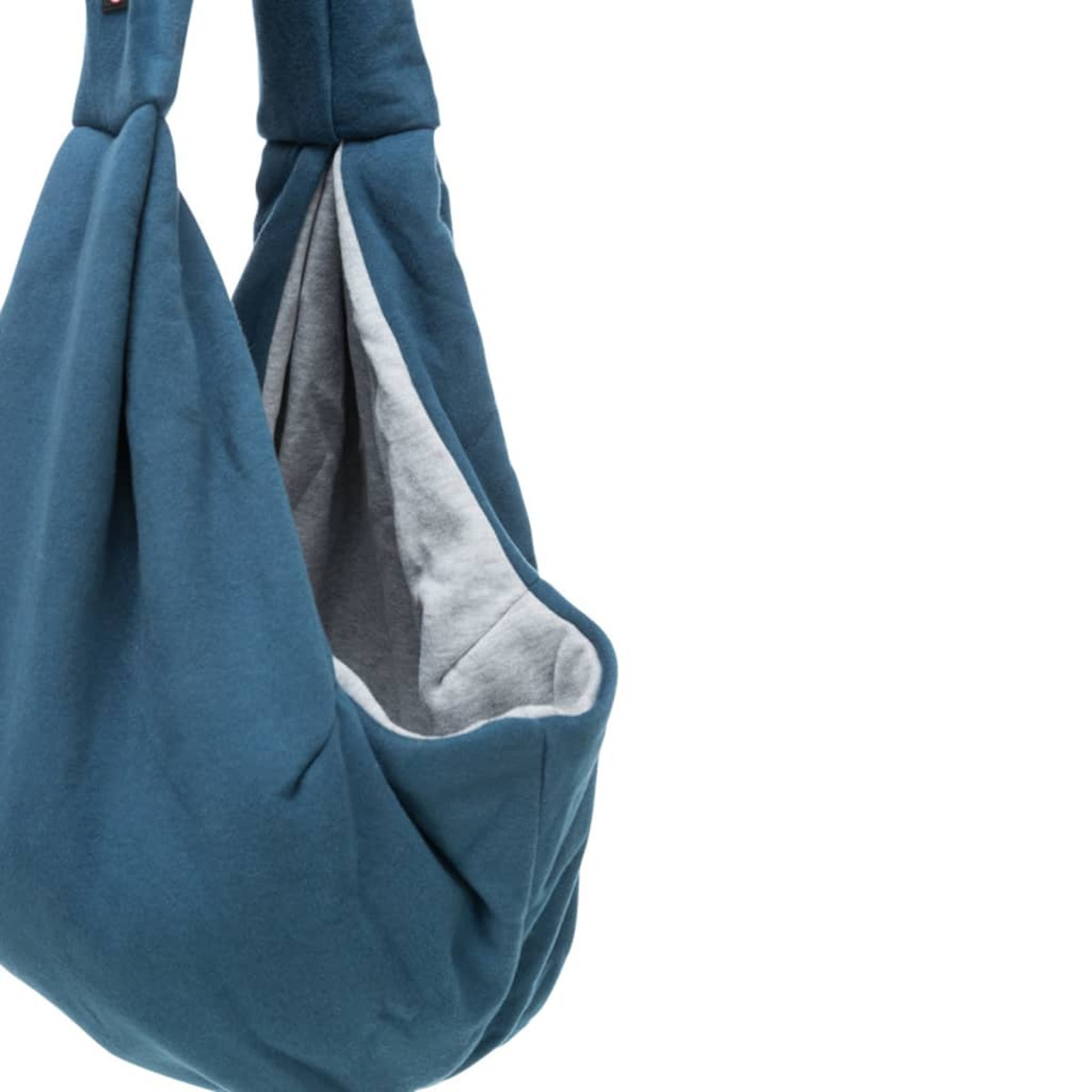 Eine teal-farbene Babytragetasche, oben offen, mit grauem Innenraum.