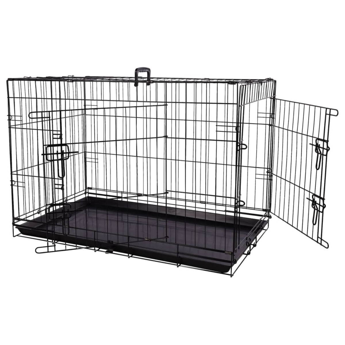 Schwarze Metall-Hundebox mit einer Ablage unten und einer offenen Tür. Weißer Hintergrund.