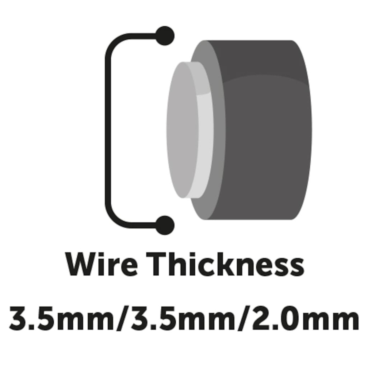 Diagramm, das die Drahtstärke zeigt, 3,5 mm/3,5 mm/2,0 mm, mit einer schwarzen Halterung und kreisförmigen Objekten in Grau.