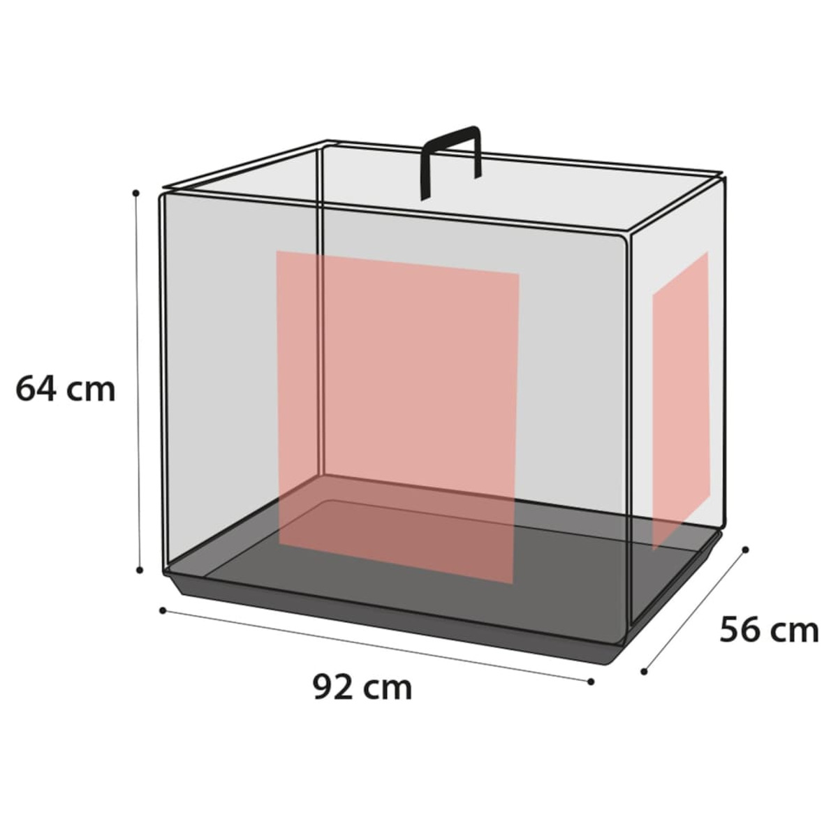 Eine transparente Box mit den angegebenen Abmessungen: 92 cm x 56 cm x 64 cm. Sie hat einen schwarzen Boden und einen Griff.