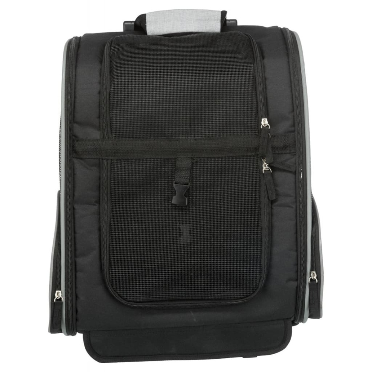 Czarny transporter dla zwierząt z siatkowym panelem przednim, wieloma zamkami i szarą obwódką.