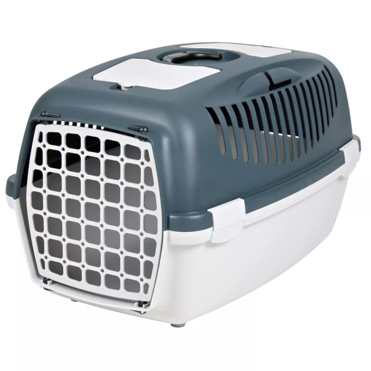 Haustierträger, tealfarbener Deckel und weißer Boden, mit weißer Metalltür. Griff oben.