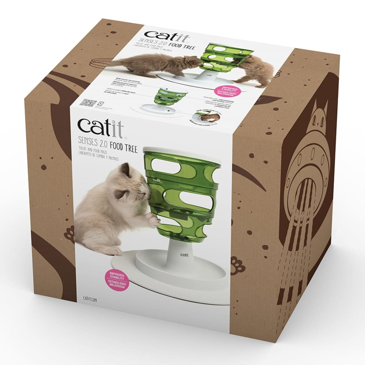 Una scatola puzzle per cibo per gatti con gatti che interagiscono con essa, su uno sfondo bianco.