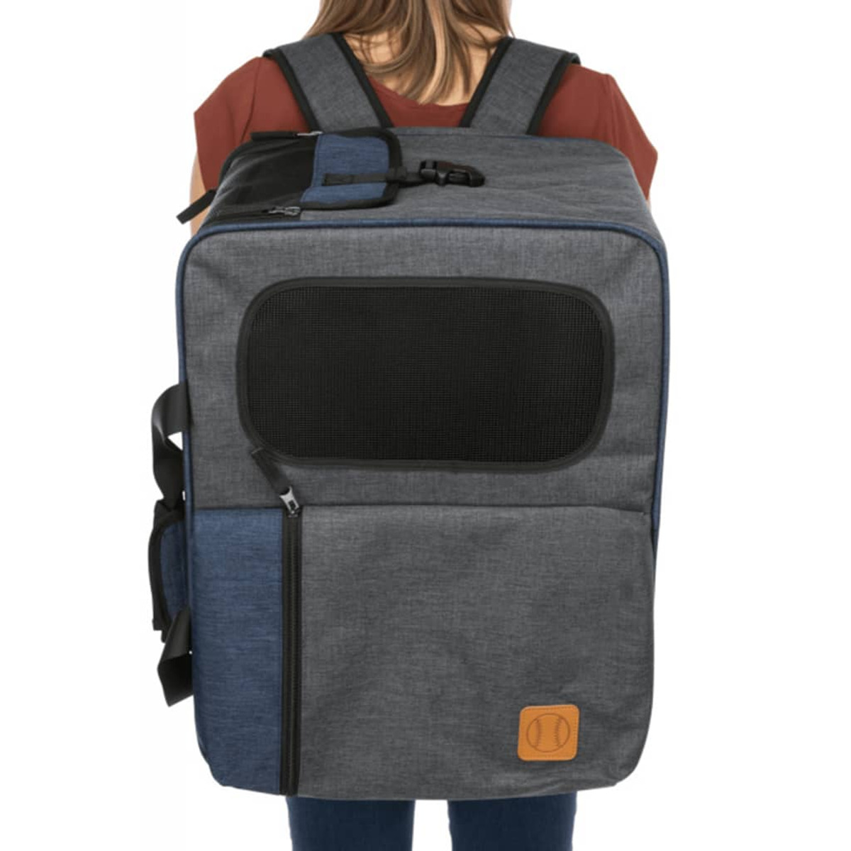 Eine von hinten gesehene Person, die einen Rucksack-Haustier-Träger trägt. Der Träger ist grau und blau.