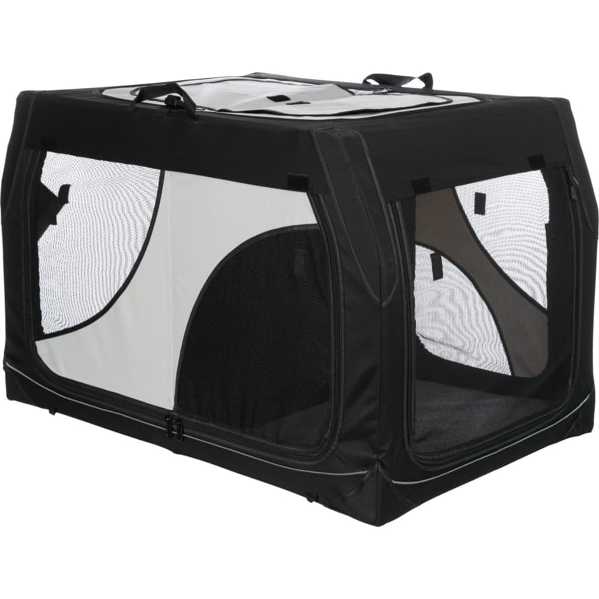 Schwarze und graue Hundebox mit Netzfenstern und einem oberen Griff, vor weißem Hintergrund.