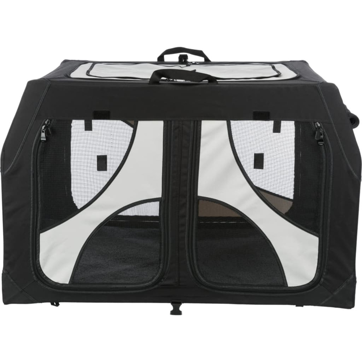 Schwarz-weiße Haustiertransportbox mit Netzfenstern und Griffen.