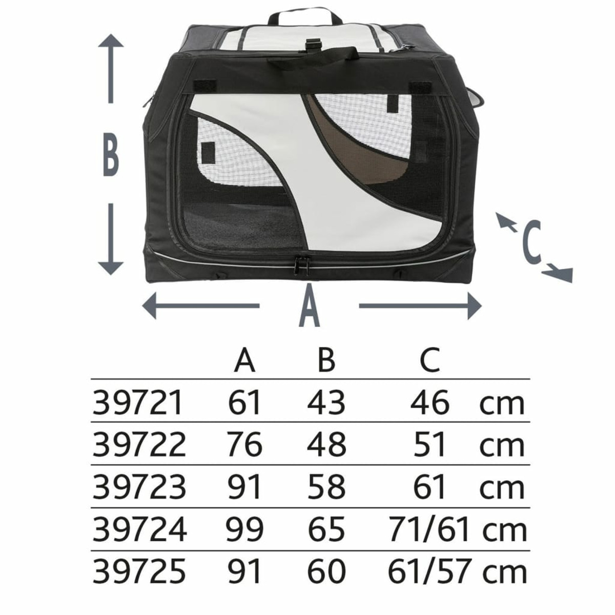 Haustiertransportbox mit schwarzem Oberteil und weißen Seiten, mit Maßangaben. Merkmale sind Fenster und Reißverschluss.