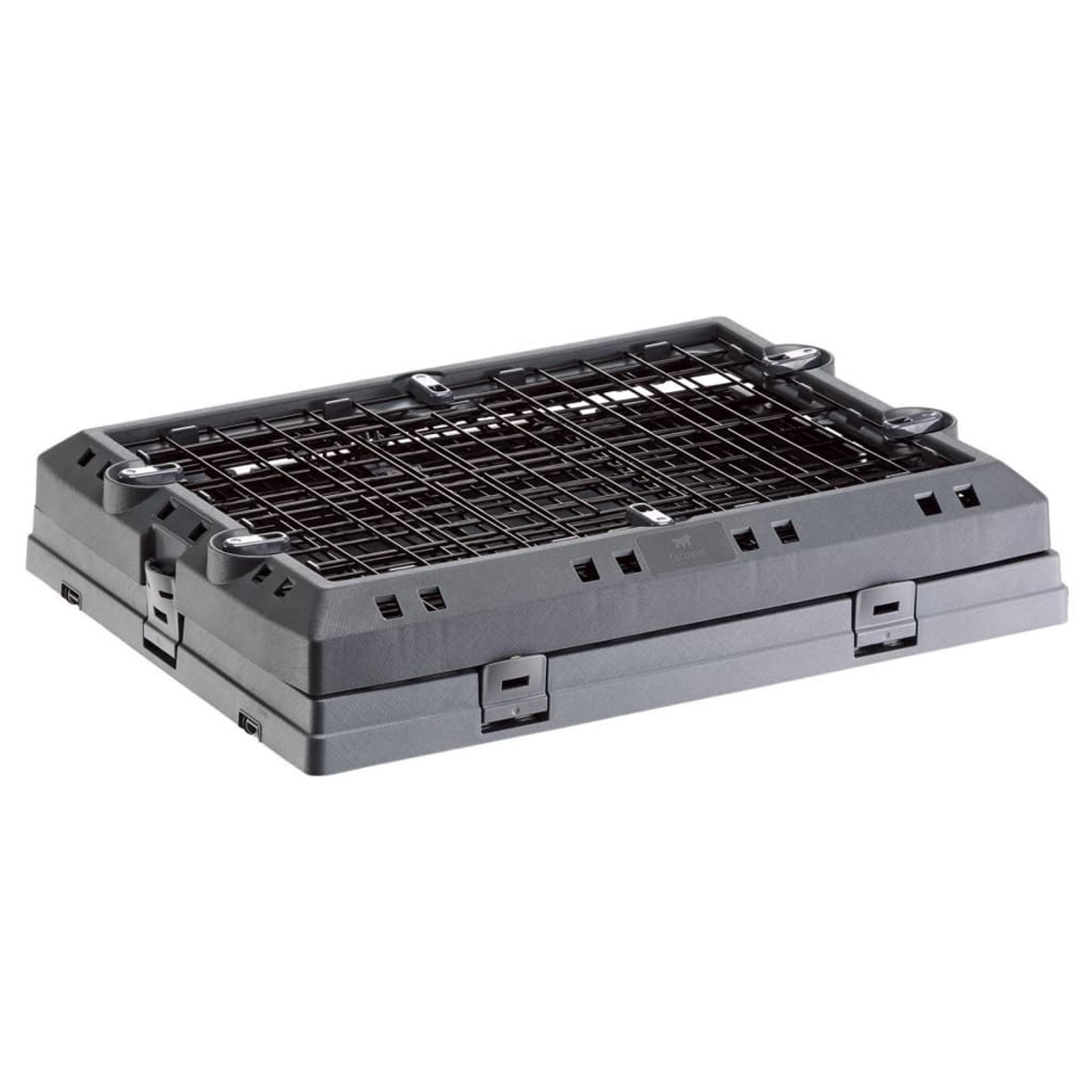 Szara, prostokątna, składana skrzynia do przechowywania z metalową kratką i plastikową ramą.