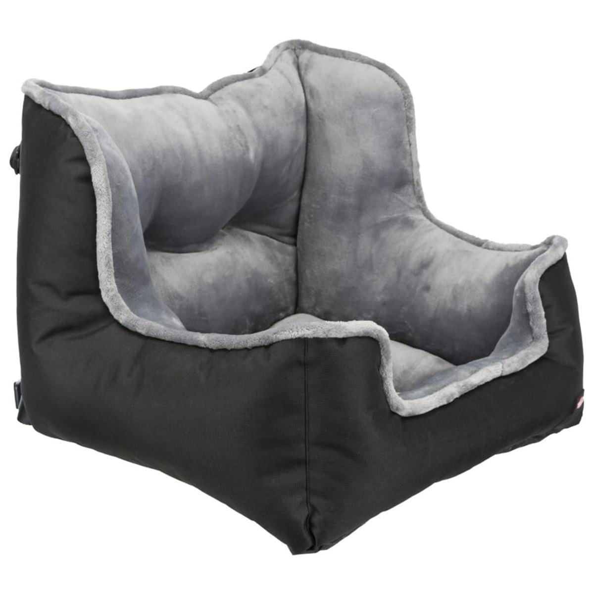Czarny fotelik samochodowy dla psa z szarym, puszystym wnętrzem. Kształt małego łóżka.