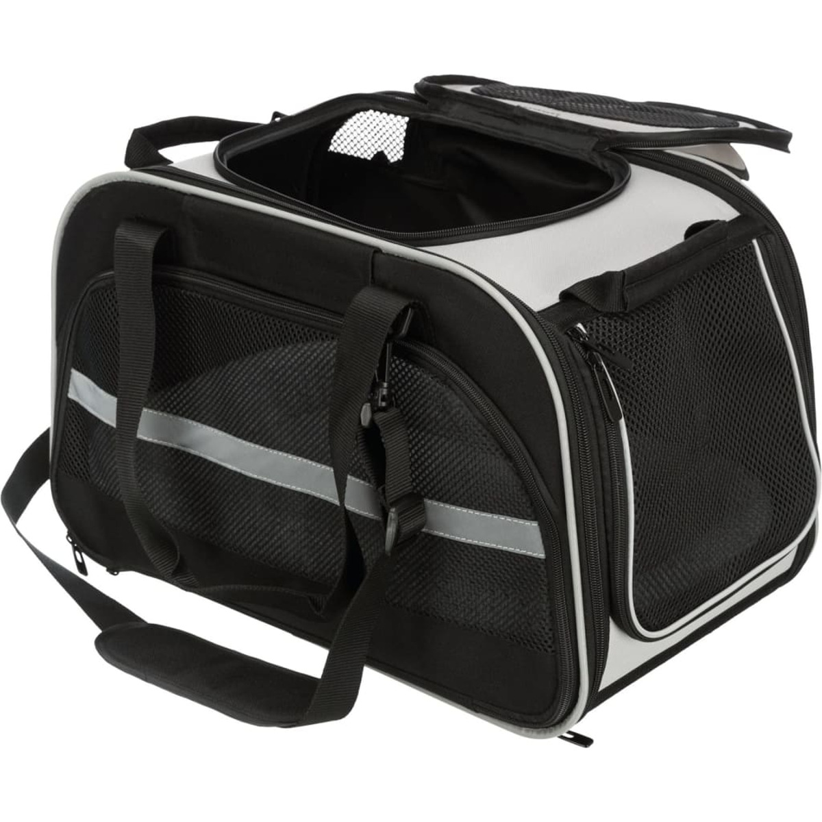 Schwarze und graue Haustiertasche mit Mesh-Seiten und einem Griff.