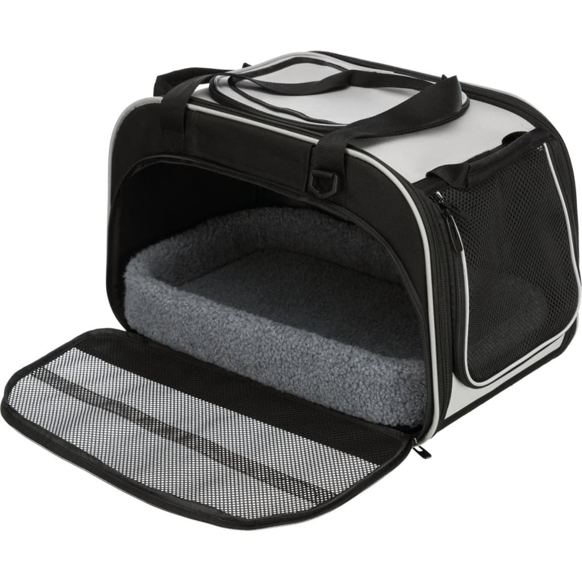 Schwarze und silberne Haustiertransportbox mit offener Tür und grauem Plüschbett.