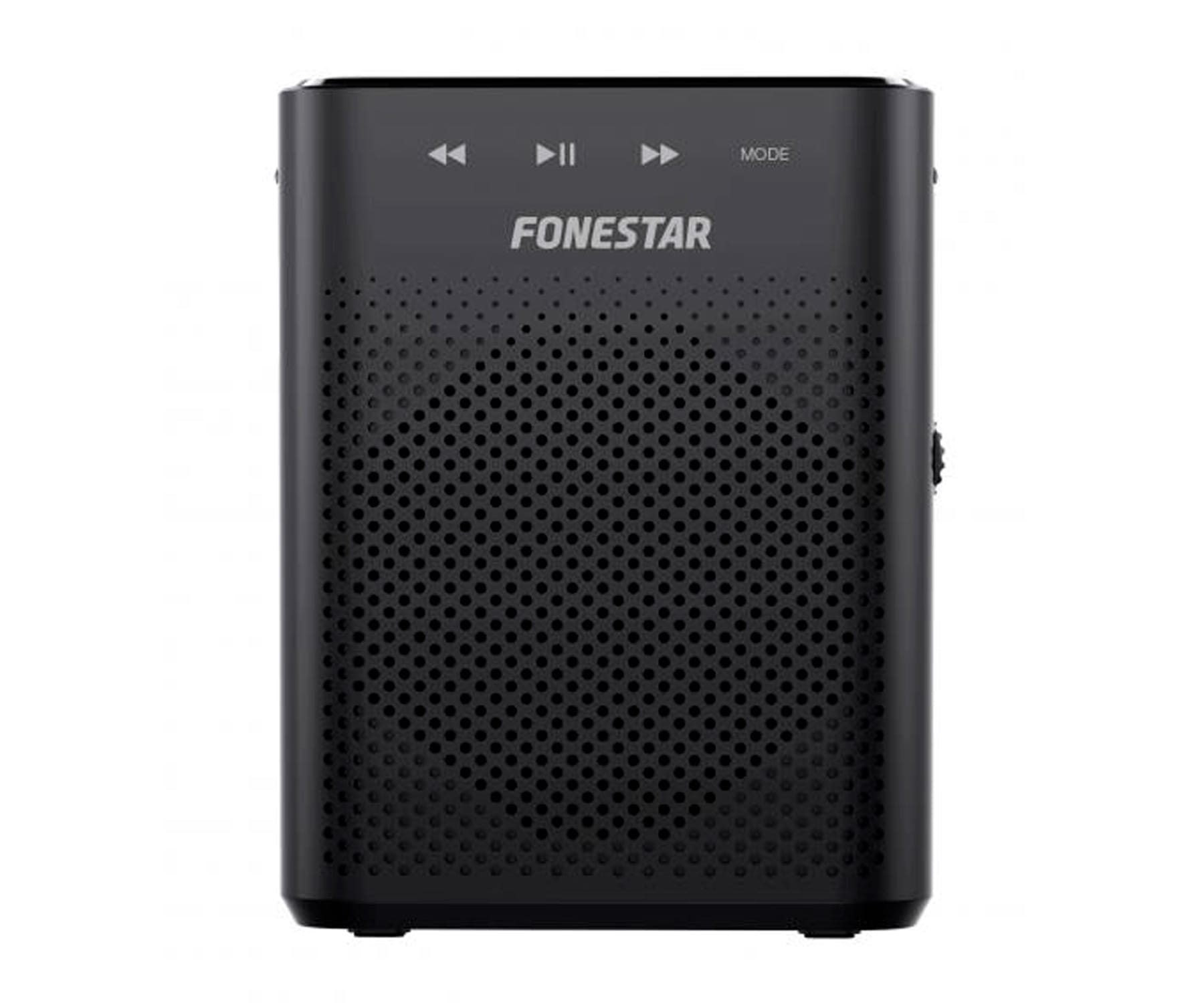 Altavoz portátil negro con rejilla y botones de control: reproducir, avanzar, retroceder y modo.