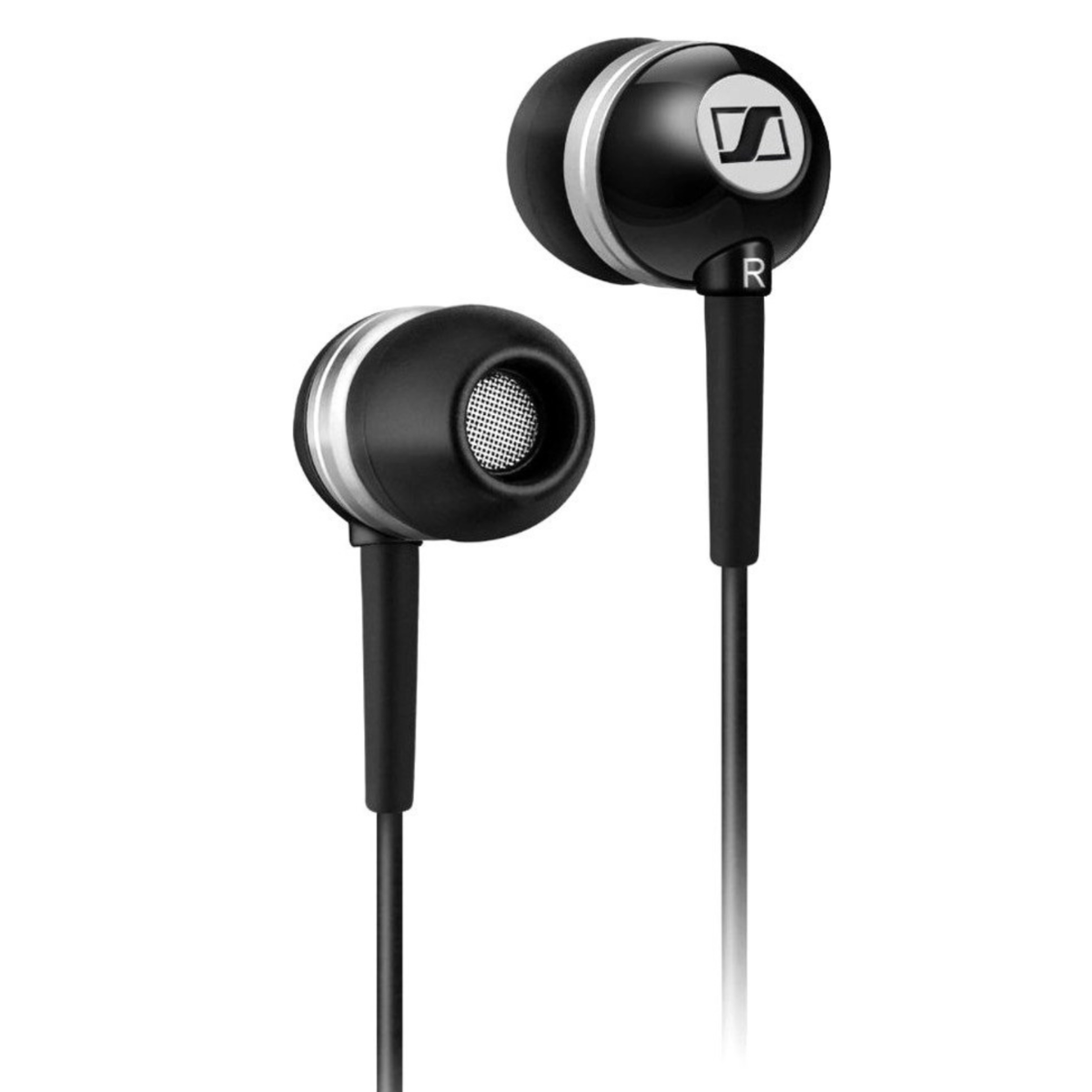 Auriculares negros y plateados con cable sobre un fondo blanco.