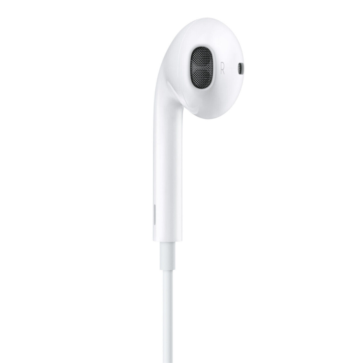 Auricolare bianco. Ha un altoparlante e un microfono. Il cavo è bianco.