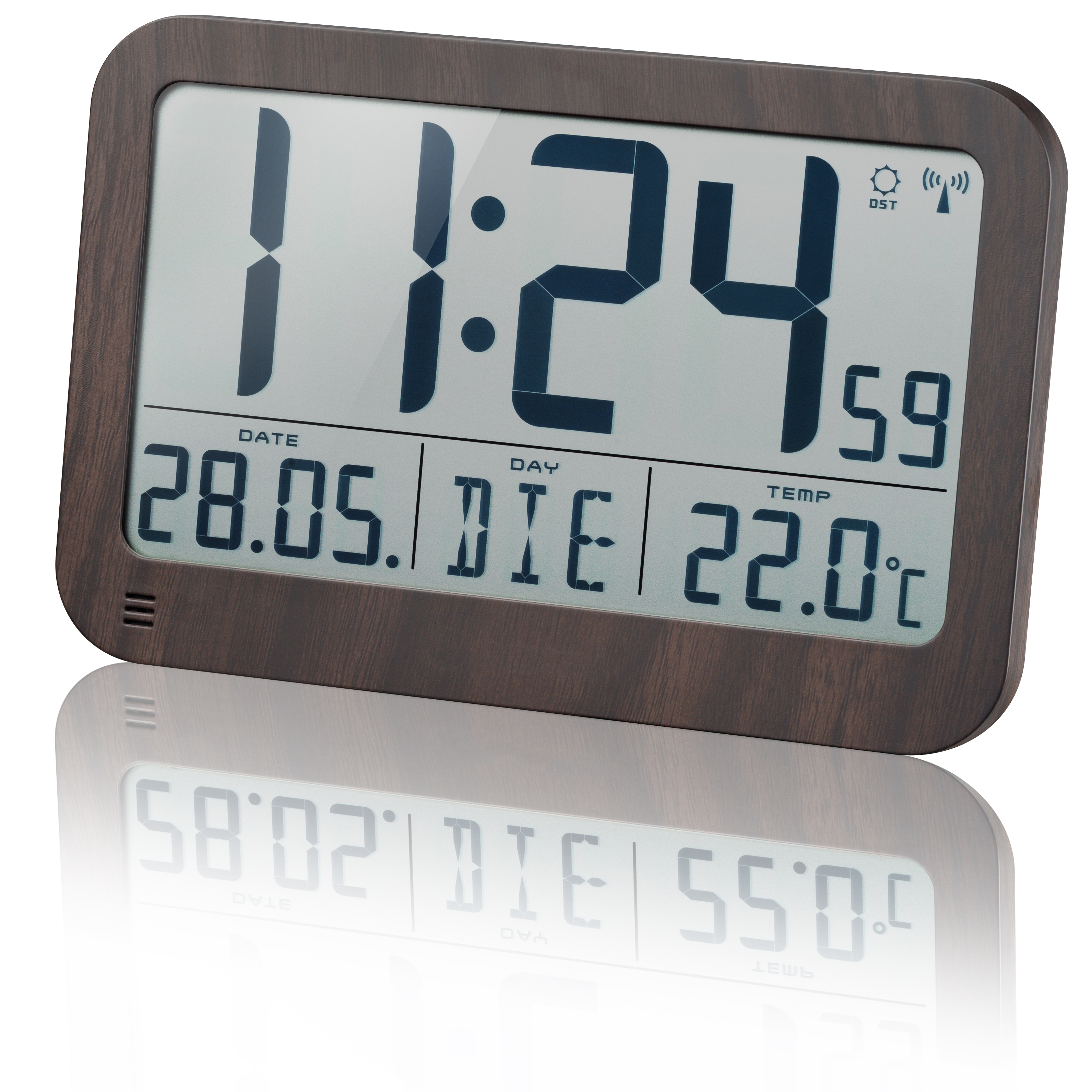 Digitaluhr mit der Uhrzeit 11:24, Datum und Temperaturanzeige, in einem Holzrahmen.