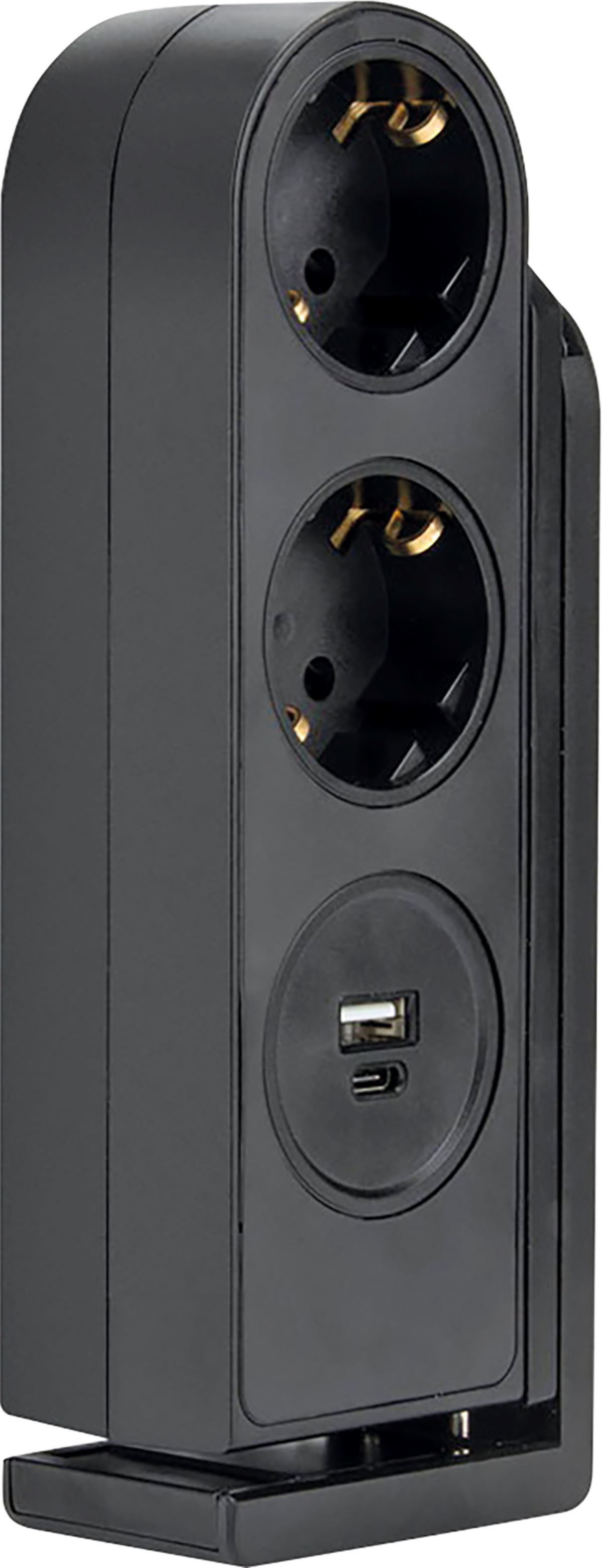 Eine schwarze Steckdosenleiste mit drei Steckdosen und einem USB-Anschluss.