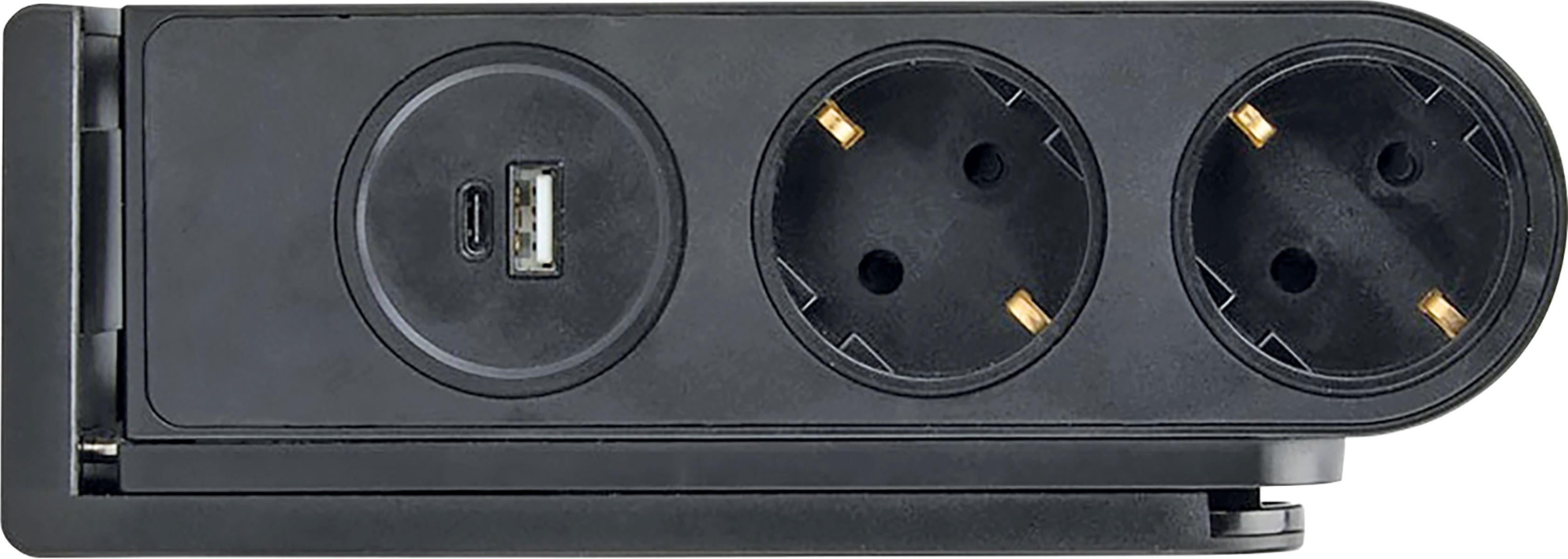Eine schwarze Steckdosenleiste mit drei Steckdosen, einem USB-Anschluss und einem Scharnierdesign.