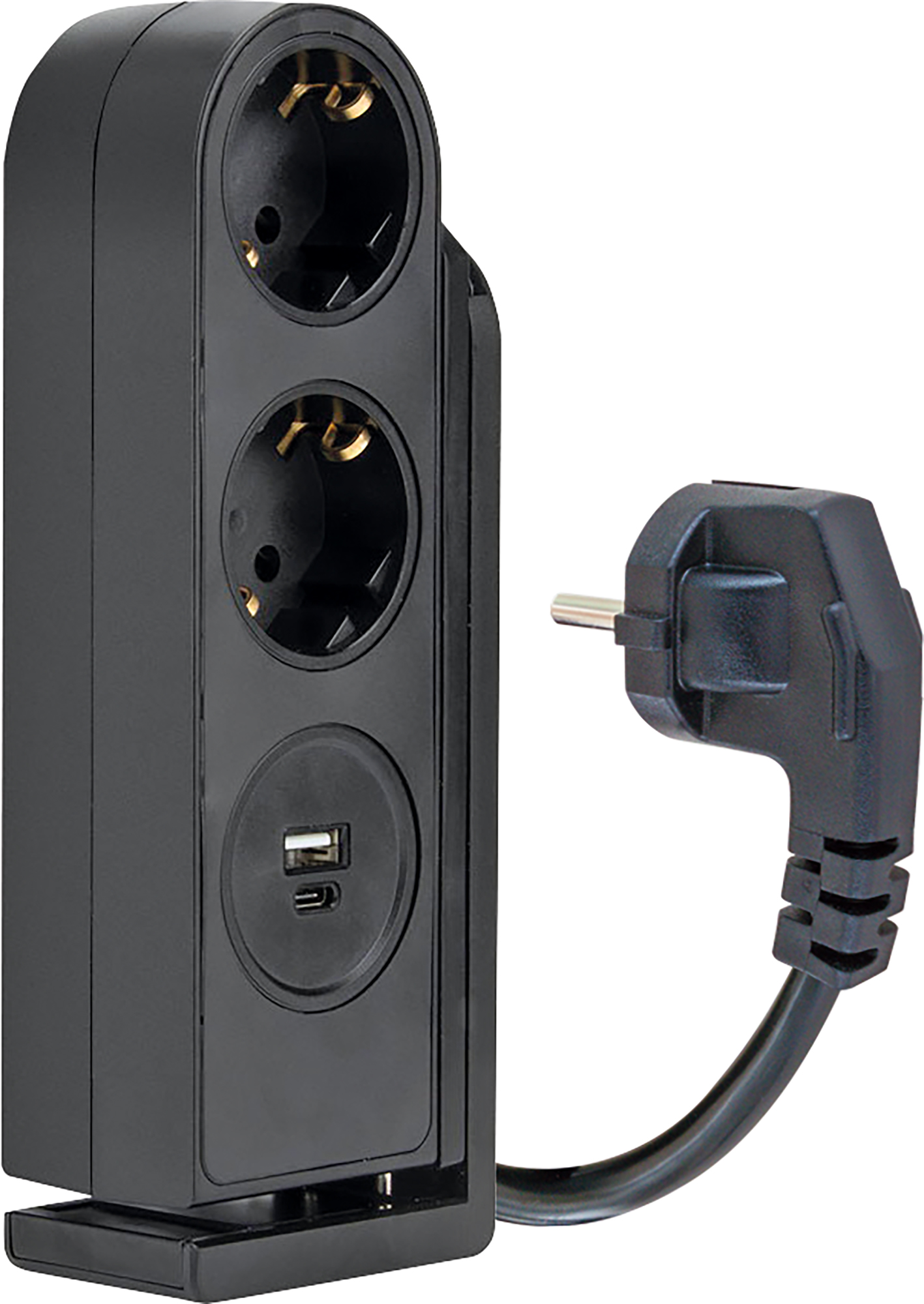 Schwarze Steckdosenleiste mit drei Steckdosen und einem USB-Anschluss, mit schwarzem Stecker rechts.