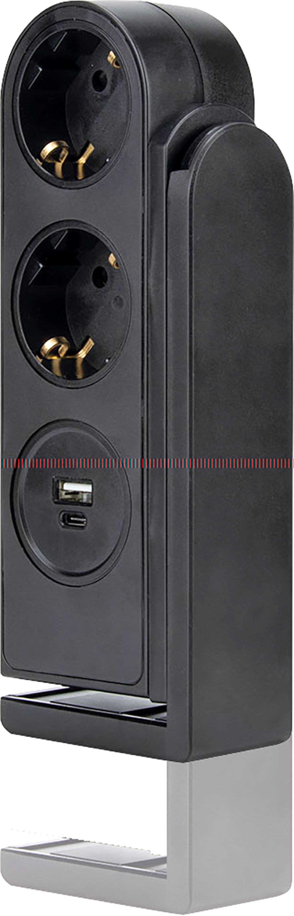 Schwarze vertikale Steckdosenleiste mit drei Steckdosen, USB-Anschluss und gebogenem Design.