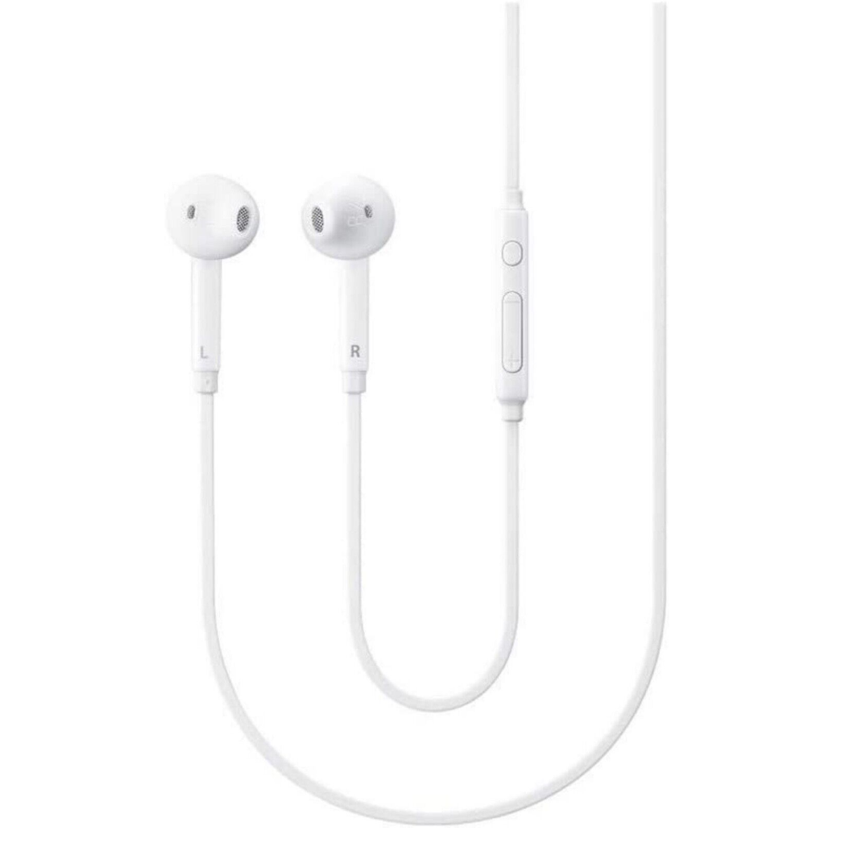 Ein Paar weiße Ohrhörer mit einem Steuermodul und einem weißen Kabel. Weißer Hintergrund.