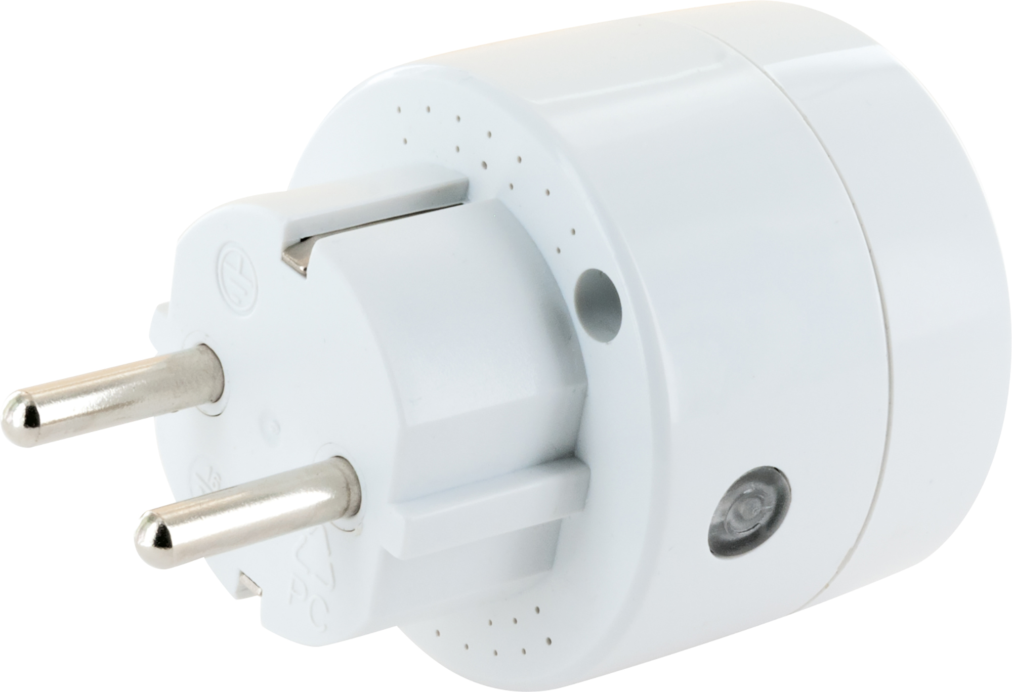 Weißer Netzstecker mit zwei Stiften und einem Erdungsstift, Seitenansicht, isoliert auf weißem Hintergrund.