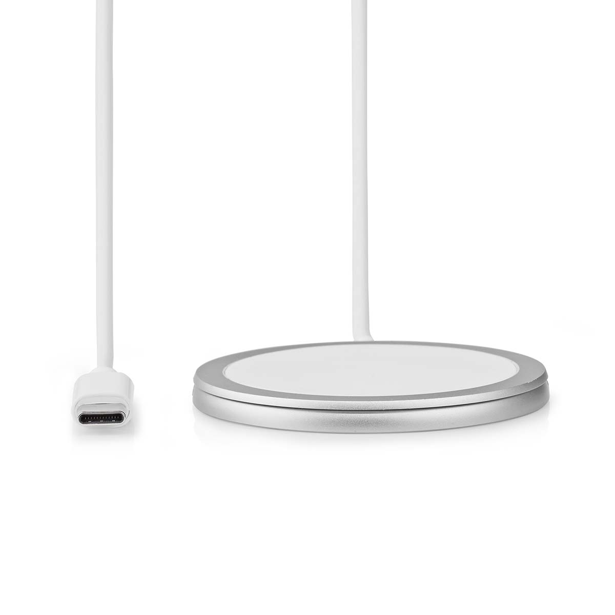 Weißes Ladepad mit silbernem Rand, mit einem USB-C-Kabel.