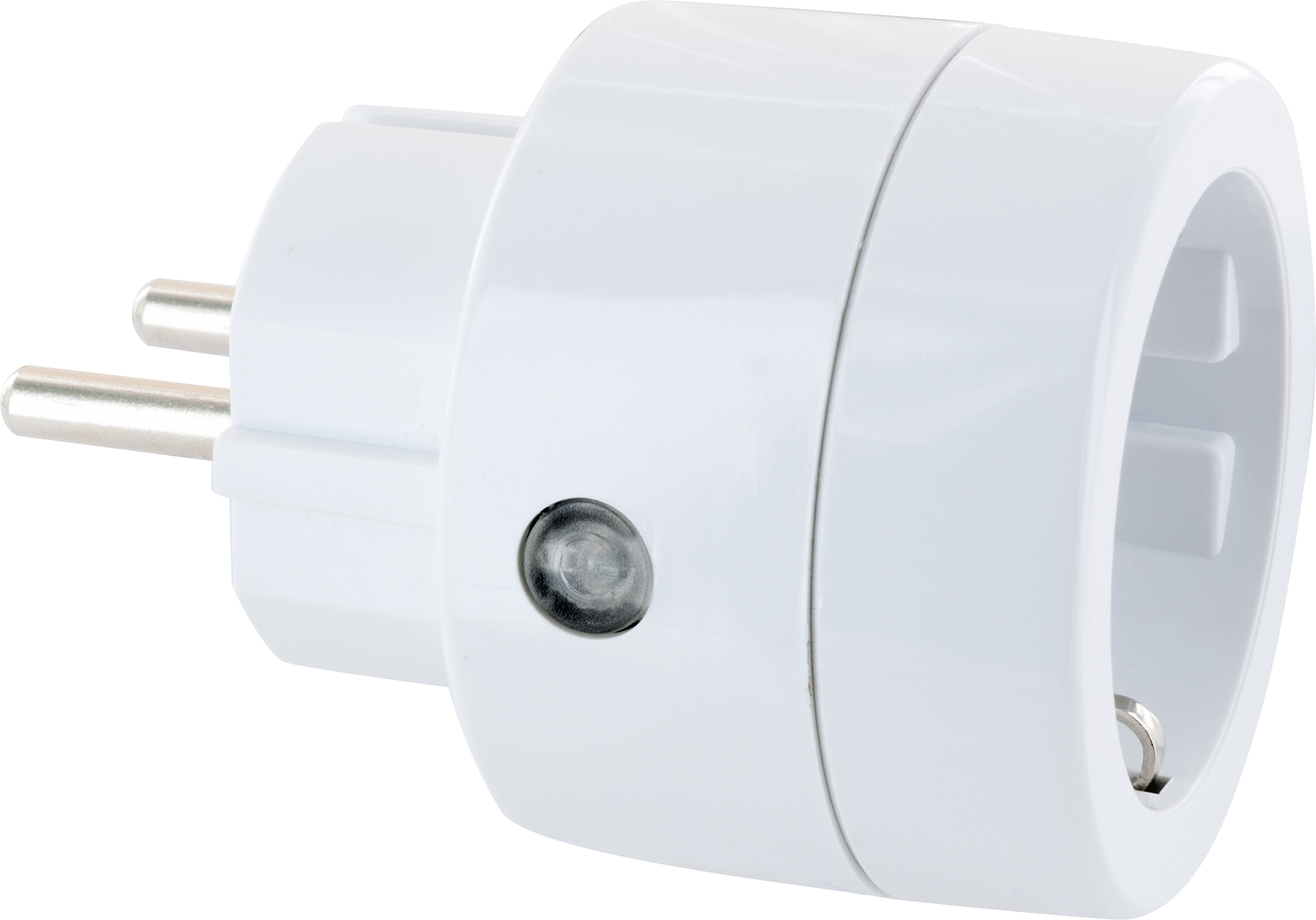 Weißer EU-zu-US-Steckeradapter. Drei Pins, mit kleiner Kontrollleuchte.