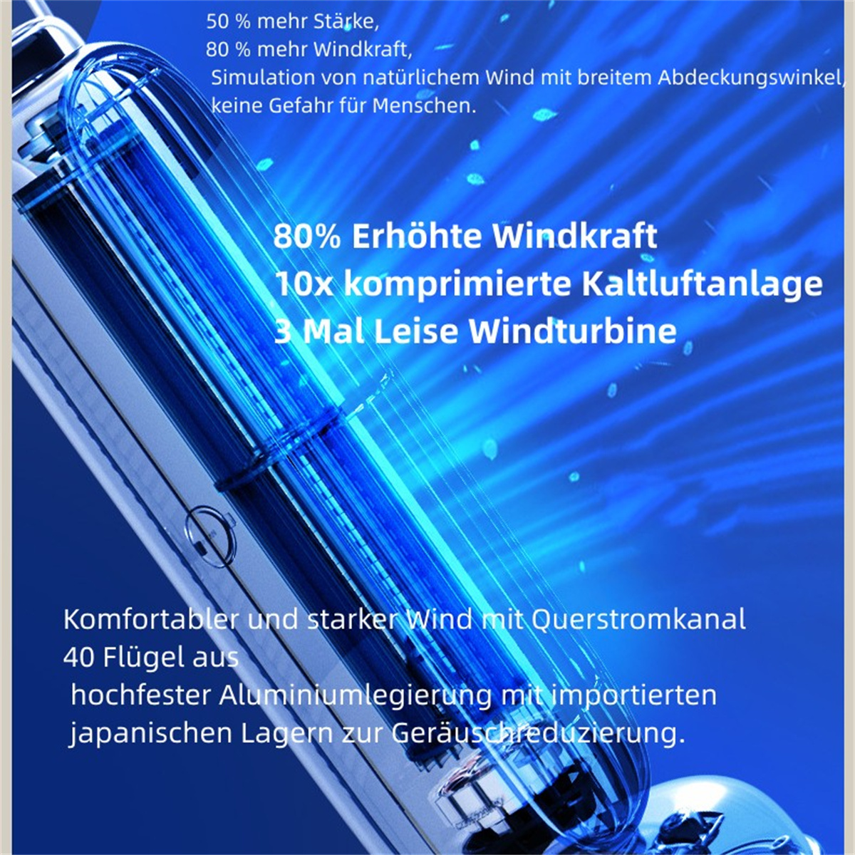Blauer Luftreiniger mit Text über Windkraft und Lüfterflügeln. Weißer Hintergrund.