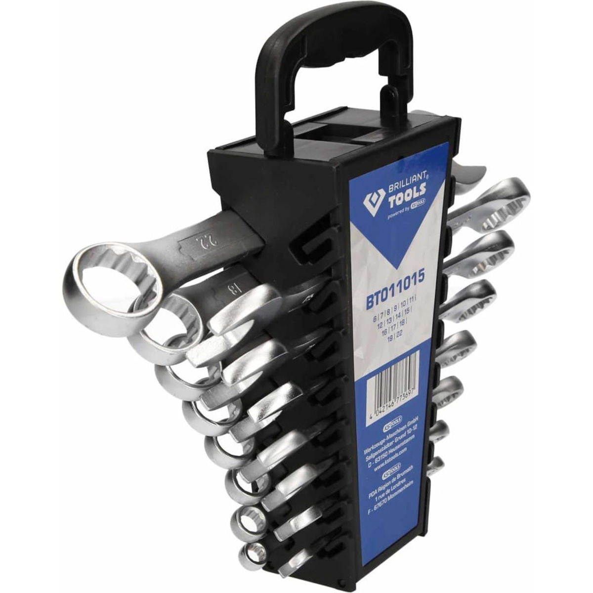 Ein Satz Schraubenschlüssel in einem schwarzen Halter.