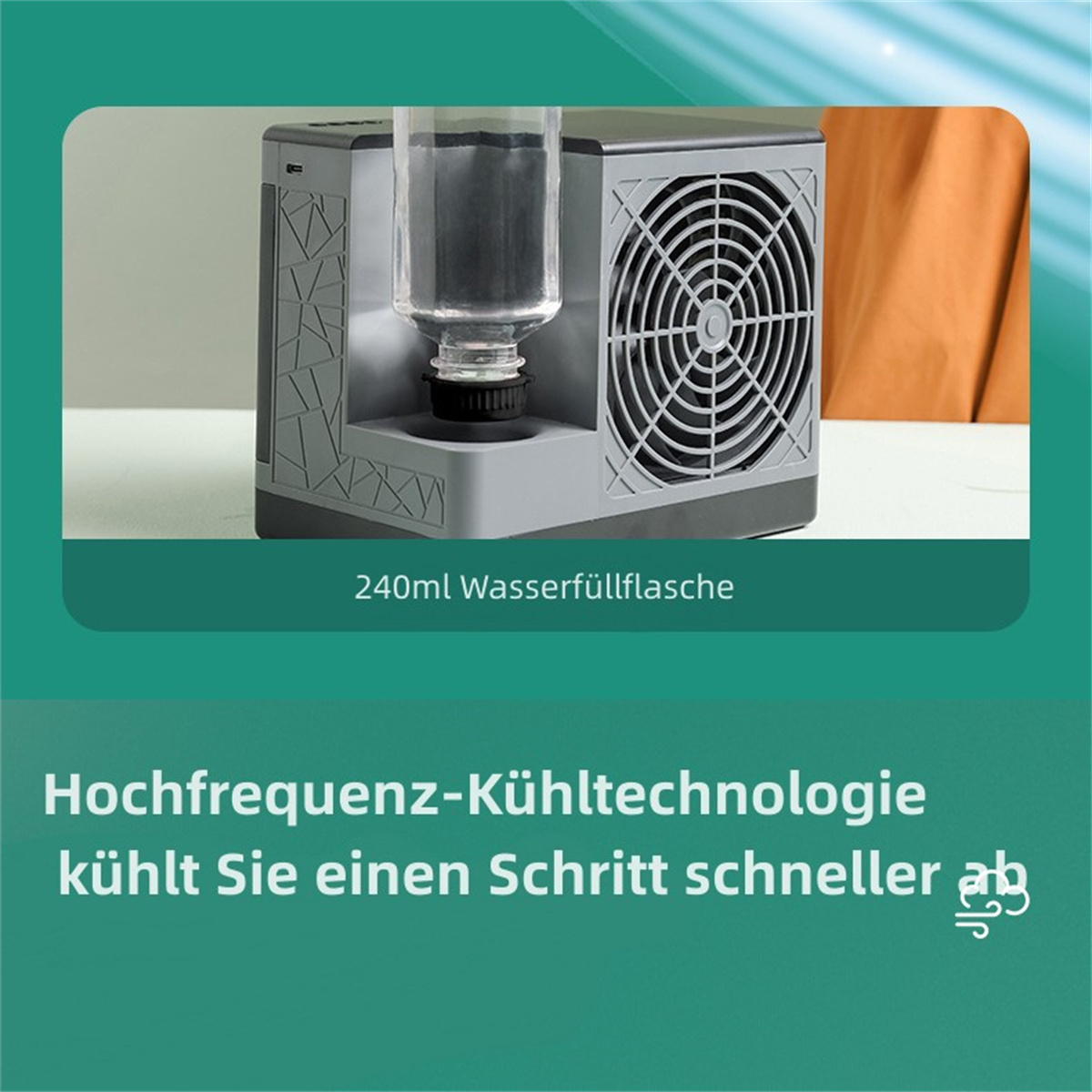 Ein kleiner grauer Kühler mit einer Wasserflasche und einem Ventilator. Textbeschriftungen sind im Bild vorhanden.