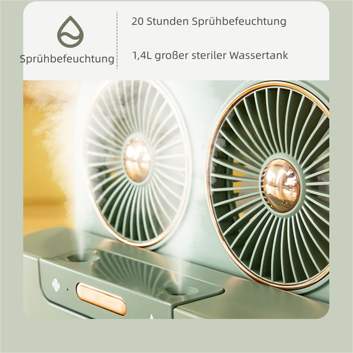 Nahaufnahme eines Luftbefeuchters mit zwei Lüftergittern und Text zur Sprühbefeuchtung.