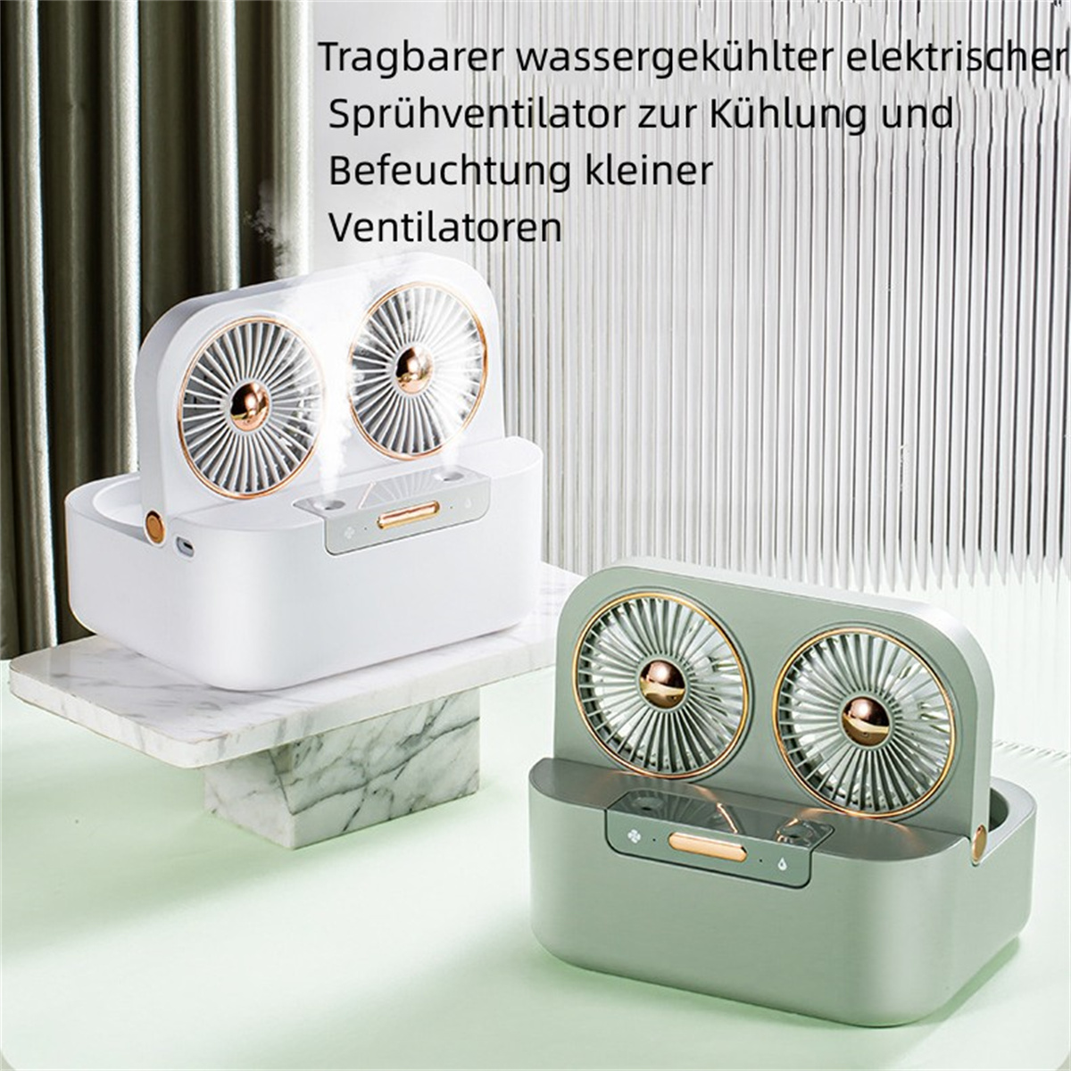 Zwei weiße und grüne tragbare Verdunstungsluftkühler auf Marmoroberfläche.