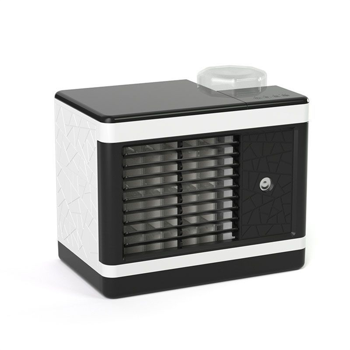 Schwarz-weißer Luftkühler. Er hat einen Ventilator und ein Bedienfeld. Weißer Hintergrund.