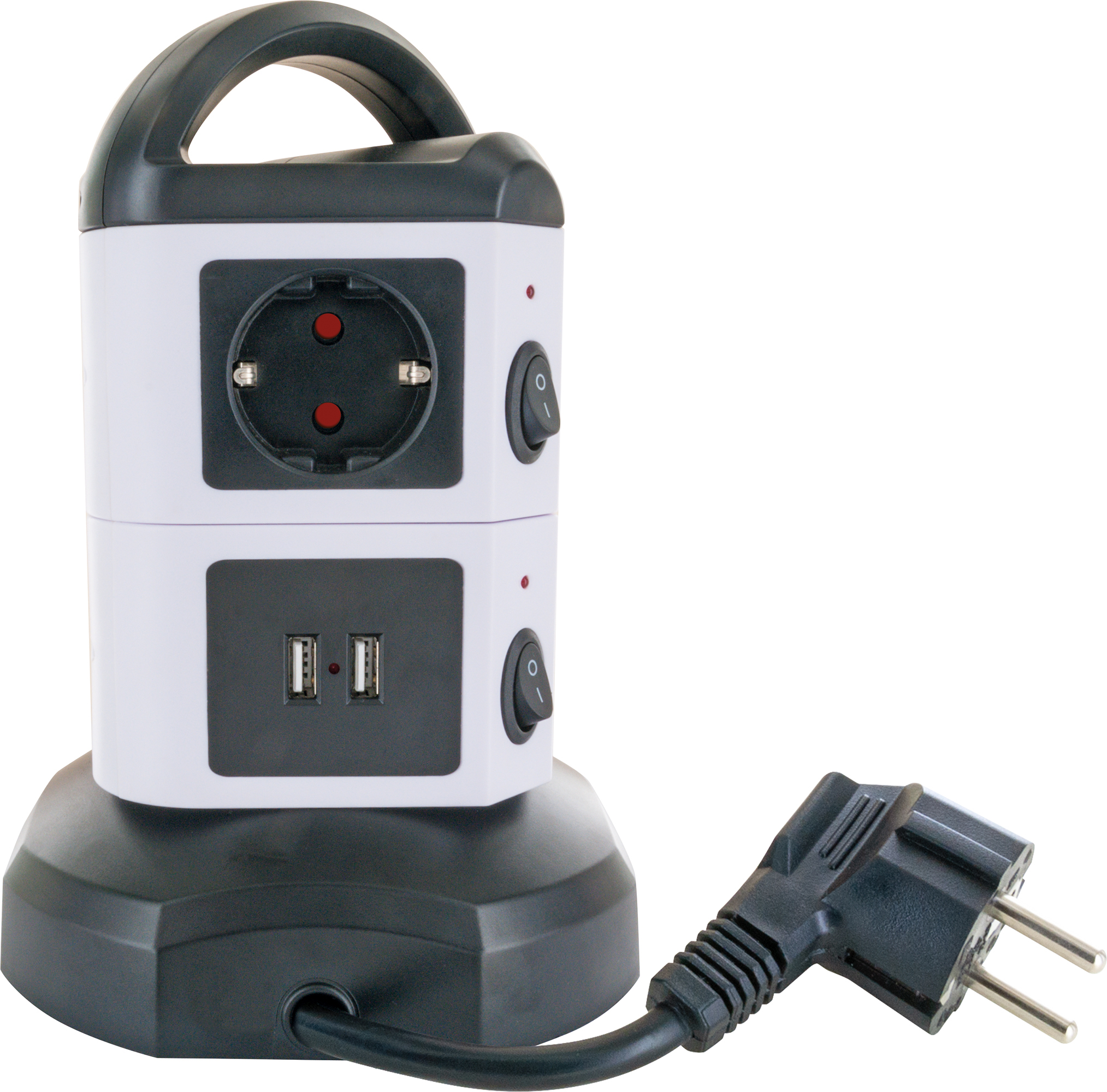 Biało-czarny przedłużacz z dwoma portami USB i dwoma gniazdami zasilania, wtyczka z przodu.