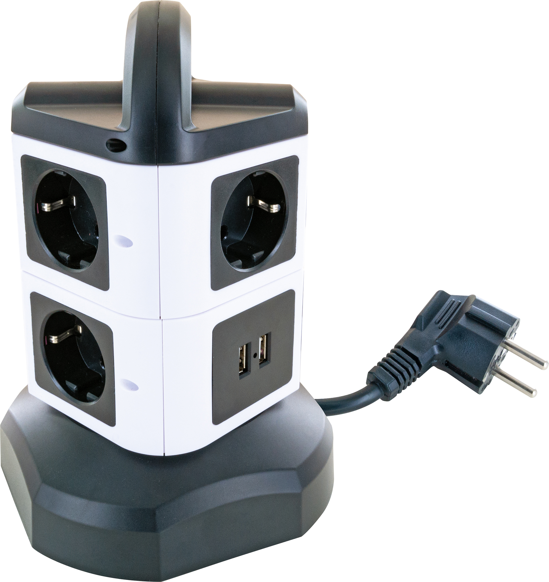 Biało-czarny przedłużacz z wieloma gniazdami i portami USB.