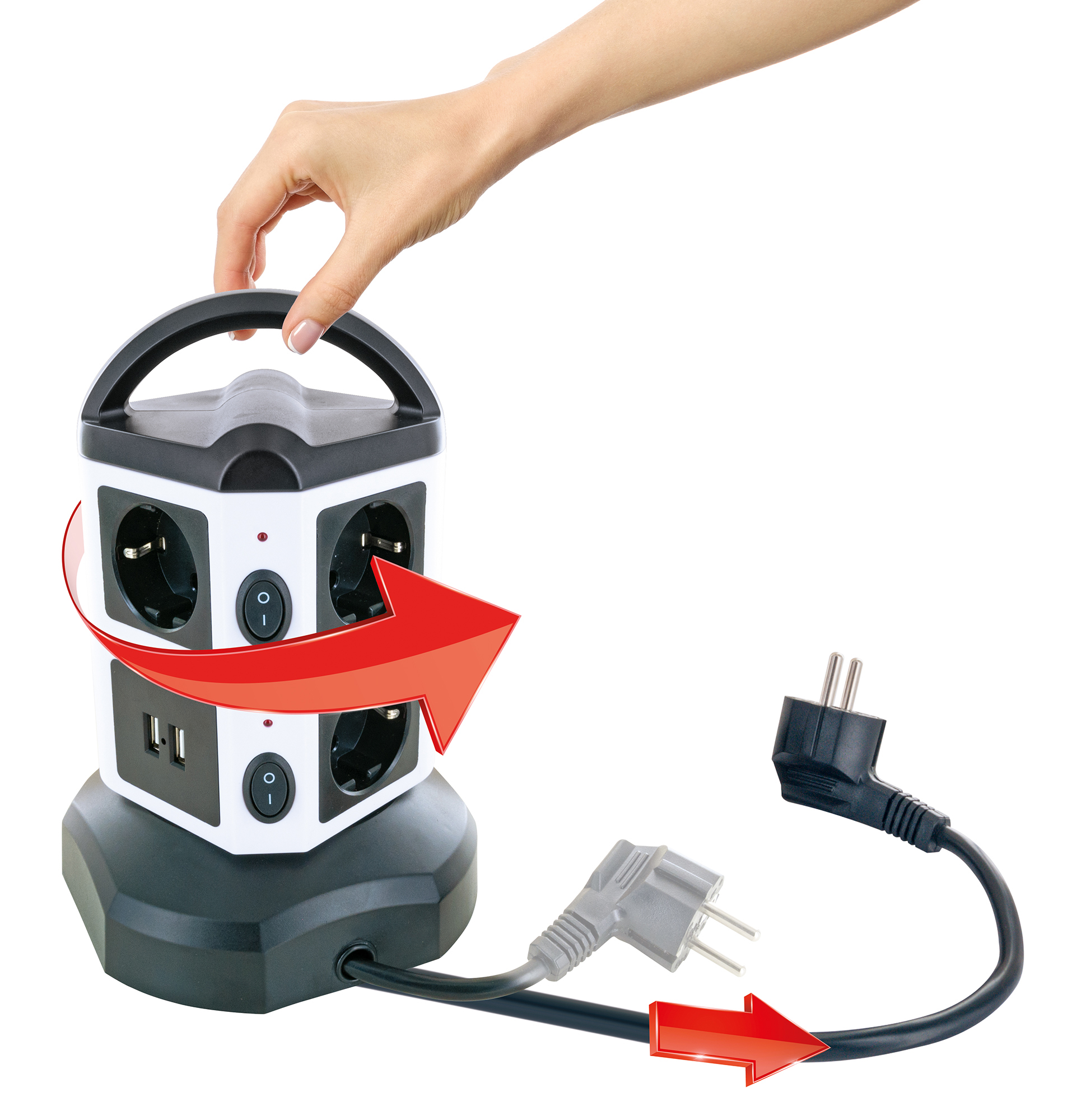 Biała i czarna listwa zasilająca z ręką trzymającą ją i wtyczką.