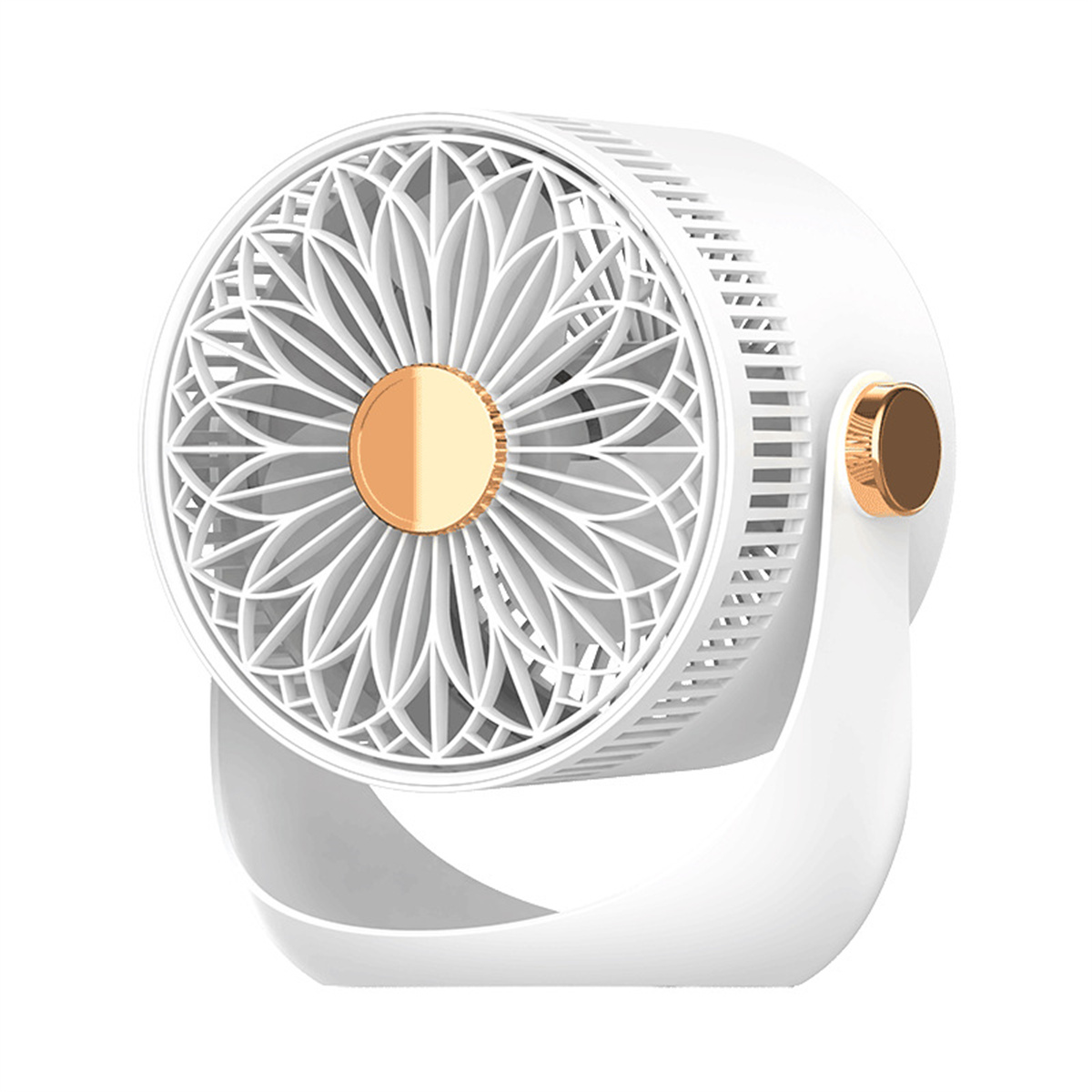 Weißer und goldener Schreibtischventilator mit floralem Design.