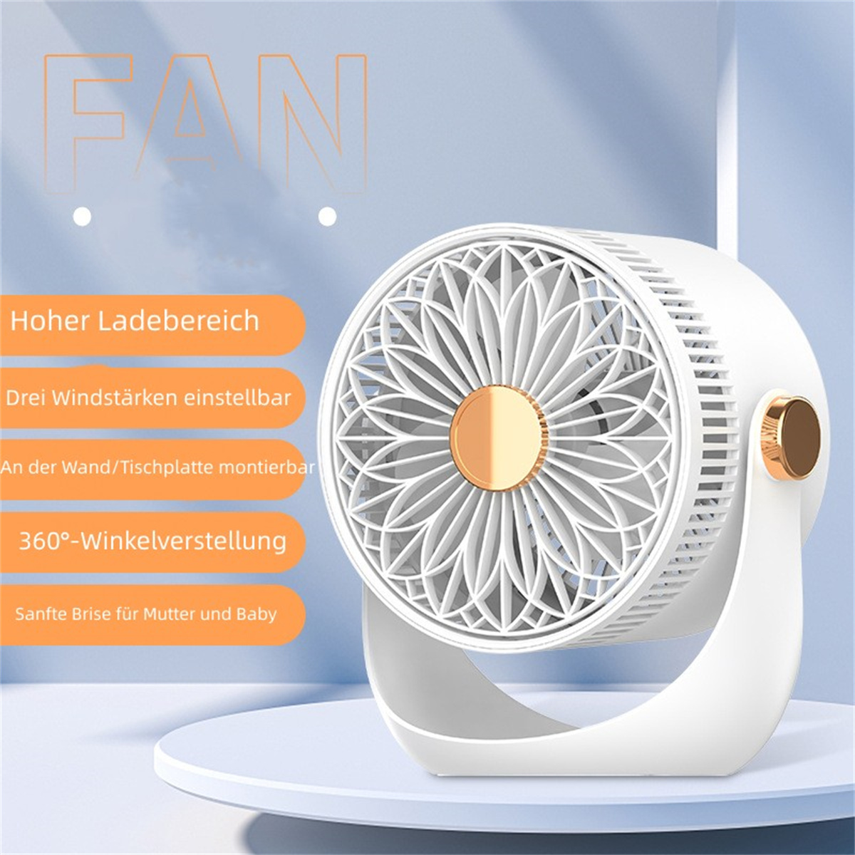 Ein weißer und goldener Ventilator mit dekorativem Muster, auf weißer Oberfläche, mit deutschem Text.