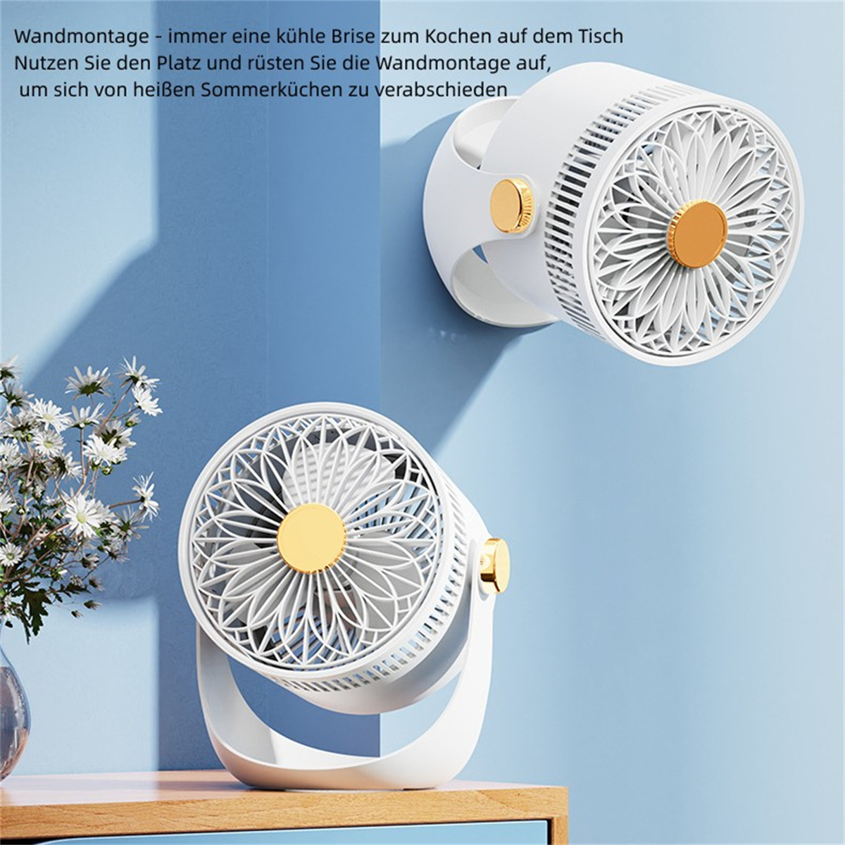 Zwei weiße Ventilatoren mit goldenen Akzenten an einer blauen Wand montiert. Die Ventilatoren sind zum Betrachter gerichtet.