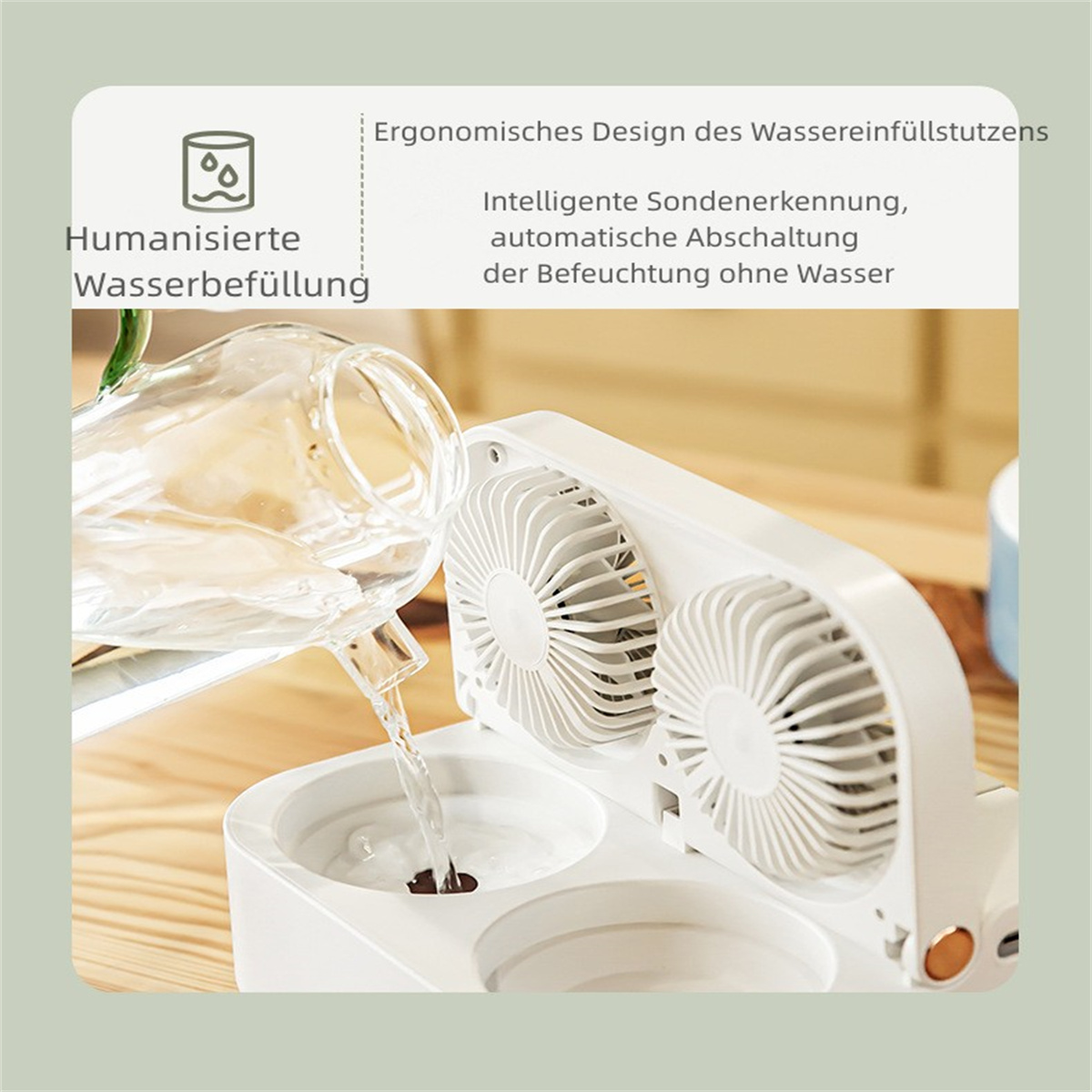 Weißer Luftbefeuchter mit zwei Ventilatoren, Glas gießt Wasser ein.