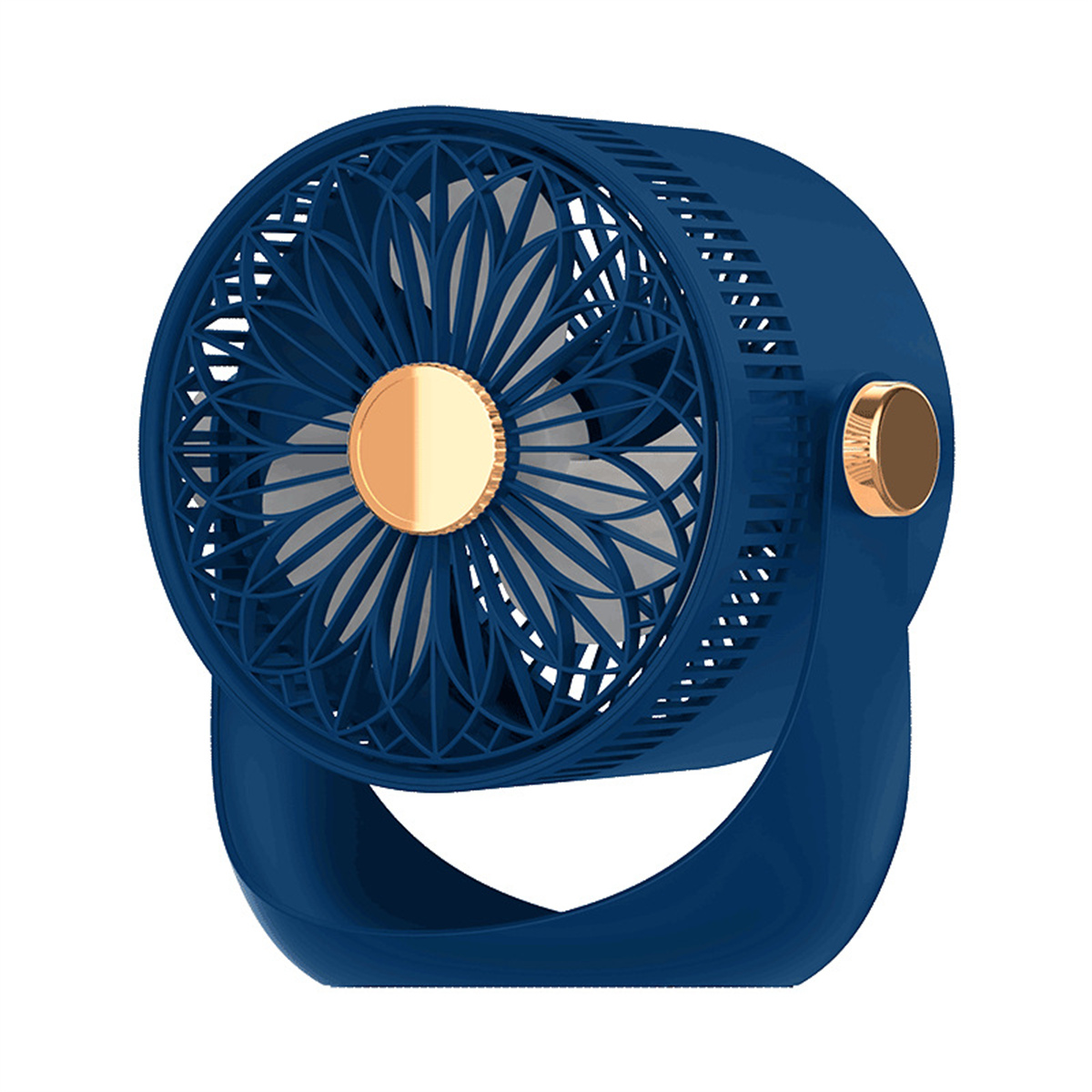 Dunkelblauer tragbarer Ventilator mit goldenen Details und gebogenem Sockel.