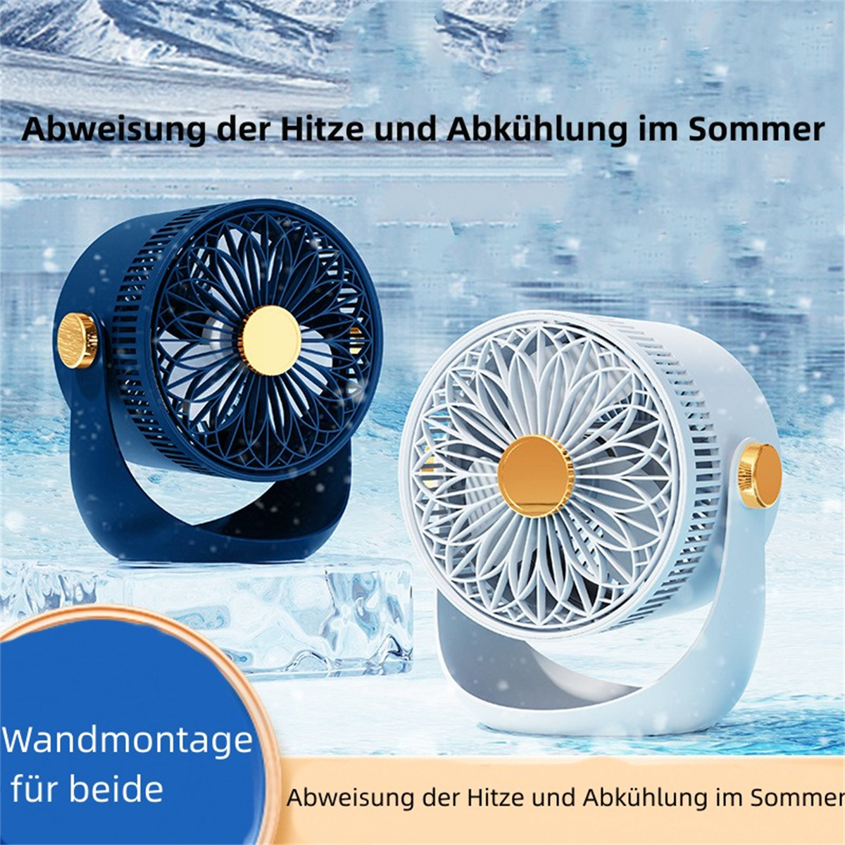 Zwei Mini-Ventilatoren, einer blau, einer weiß, nebeneinander. Text auf Deutsch.