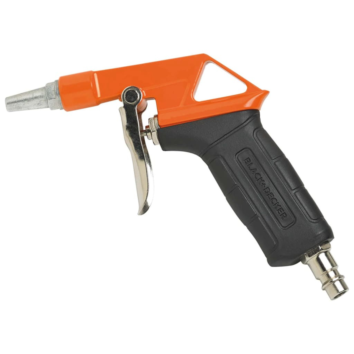 Eine orangefarbene und schwarze BLACK+DECKER-Druckluftpistole, zum Reinigen oder Trocknen von Oberflächen.
