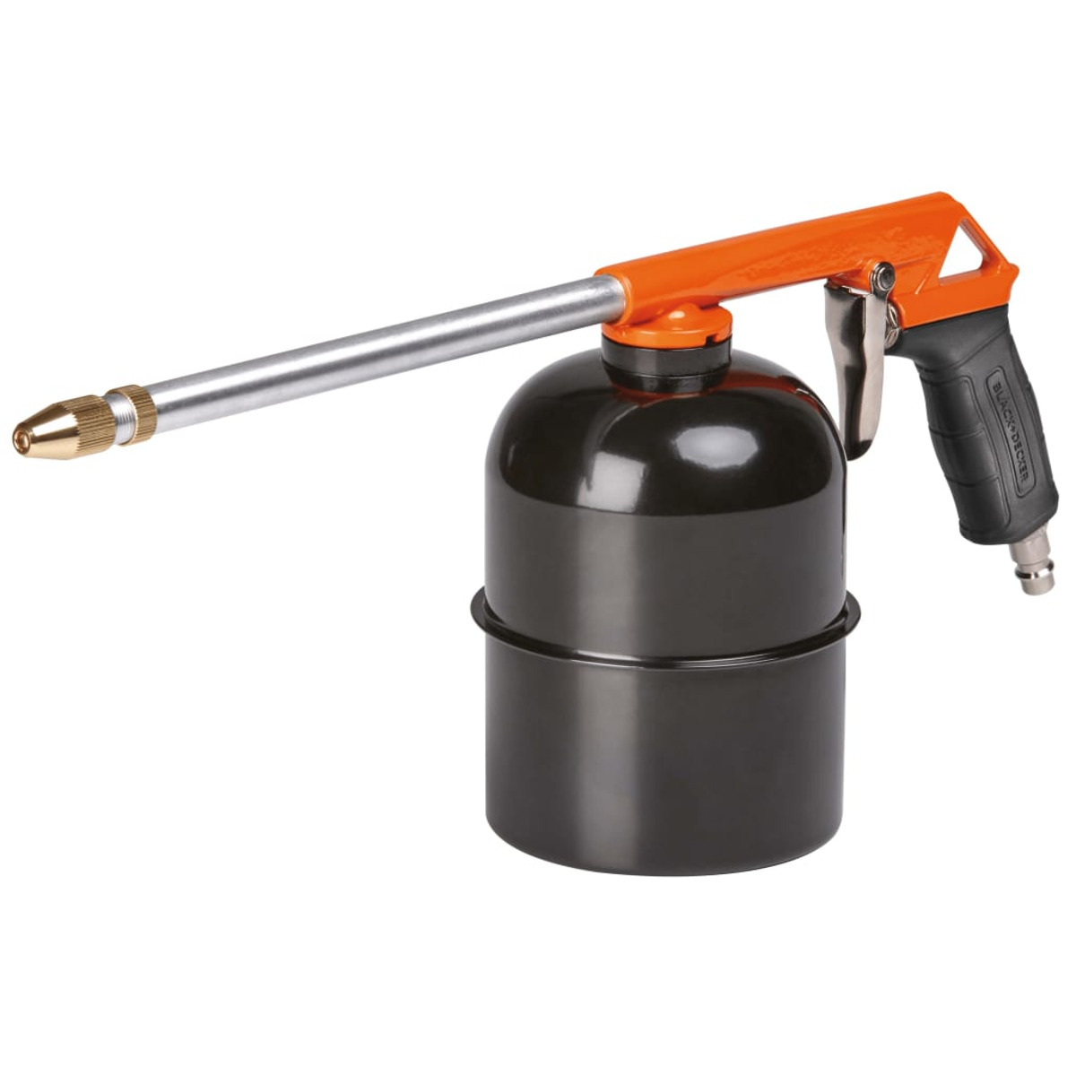 Schwarz-orange Spritzpistole mit langer Metall-Düse und zylindrischem schwarzen Behälter.