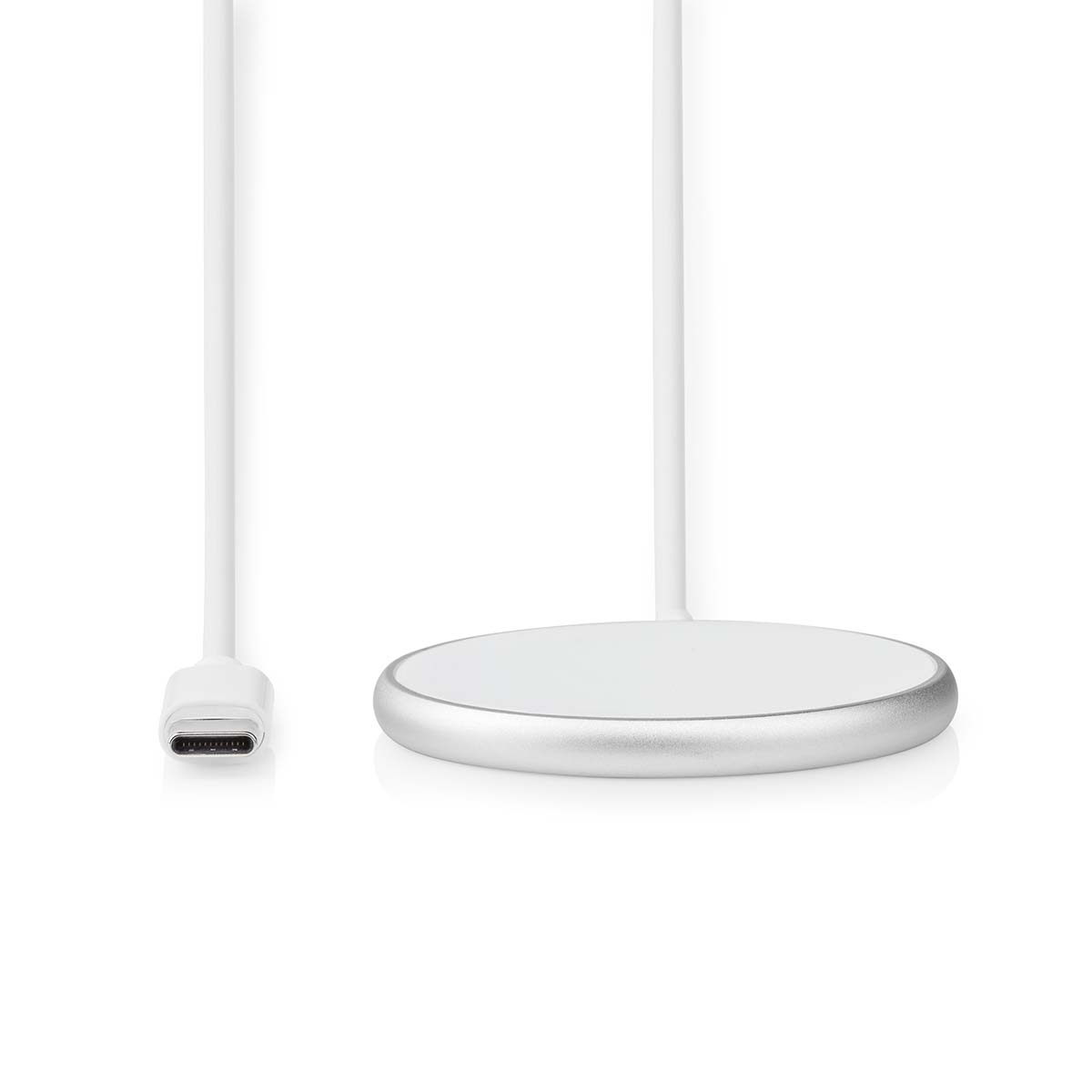 White charging pad with a silver edge, and a white cable with a USB-C connector.