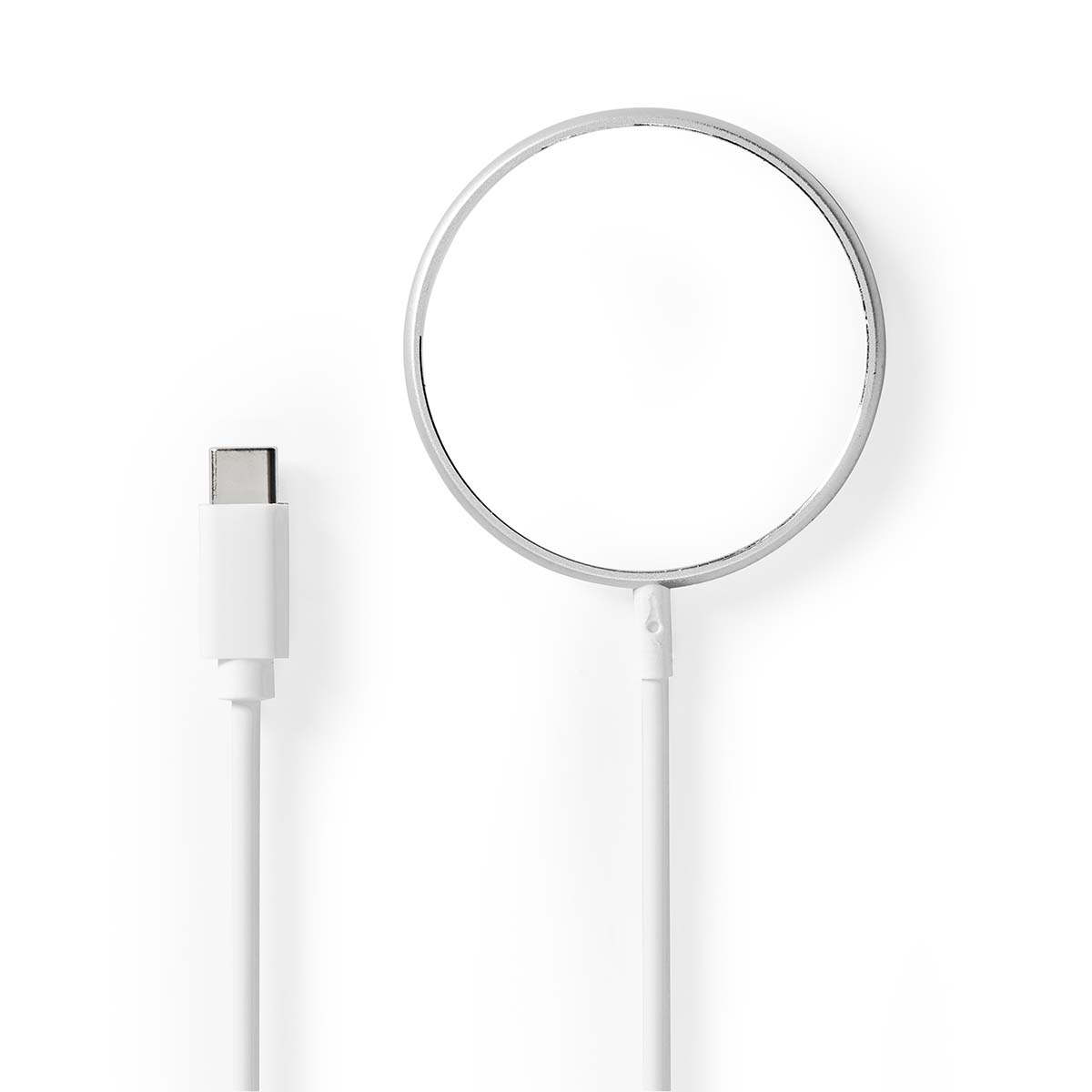White charging cable with a USB-C connector and a circular charging pad.